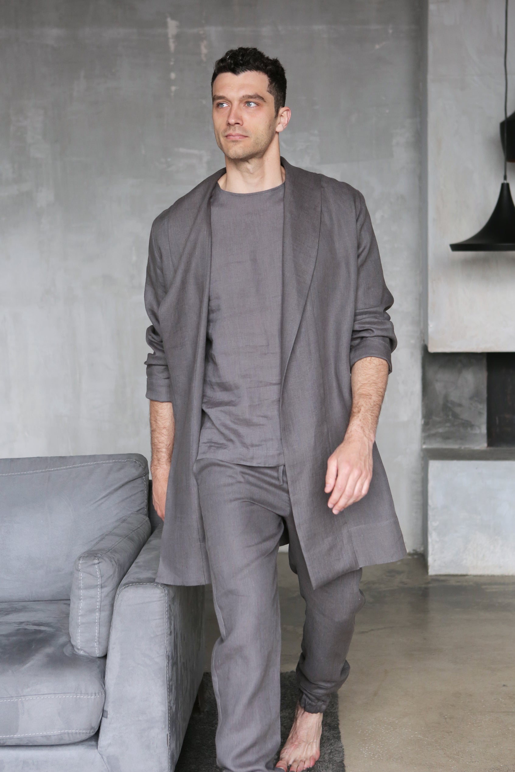 Men's Linen Cardigan WALNUT in Dark grey