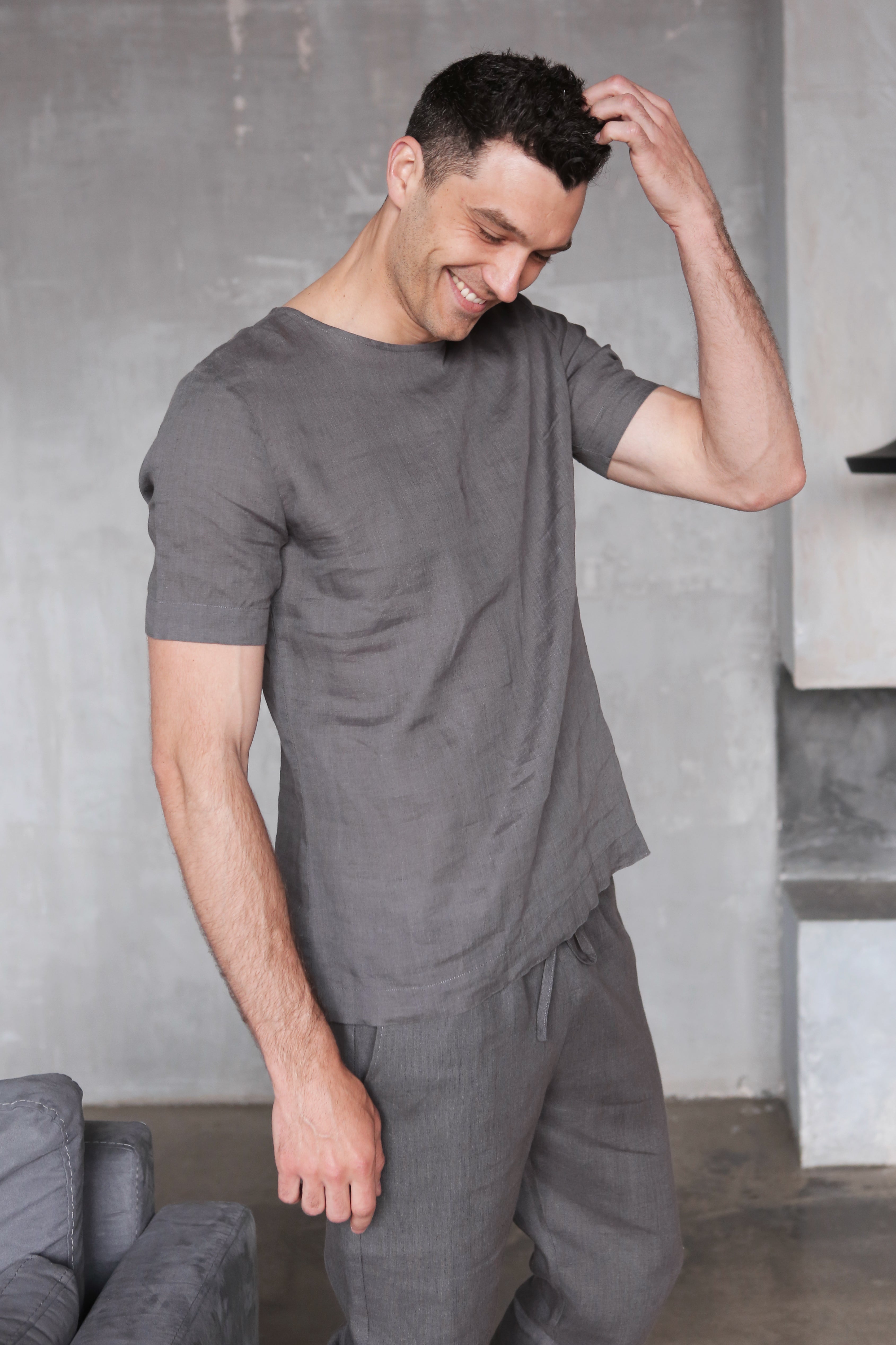 Men's Linen T-Shirt LINDEN in Dark grey