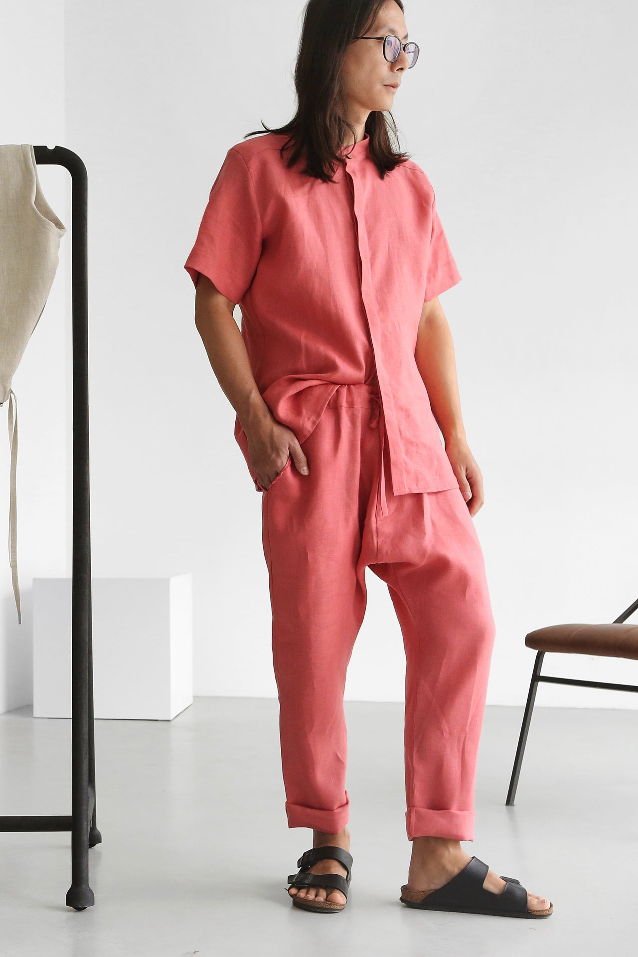 Men’s Short-Sleeved Linen Shirt OLIVE in Peach