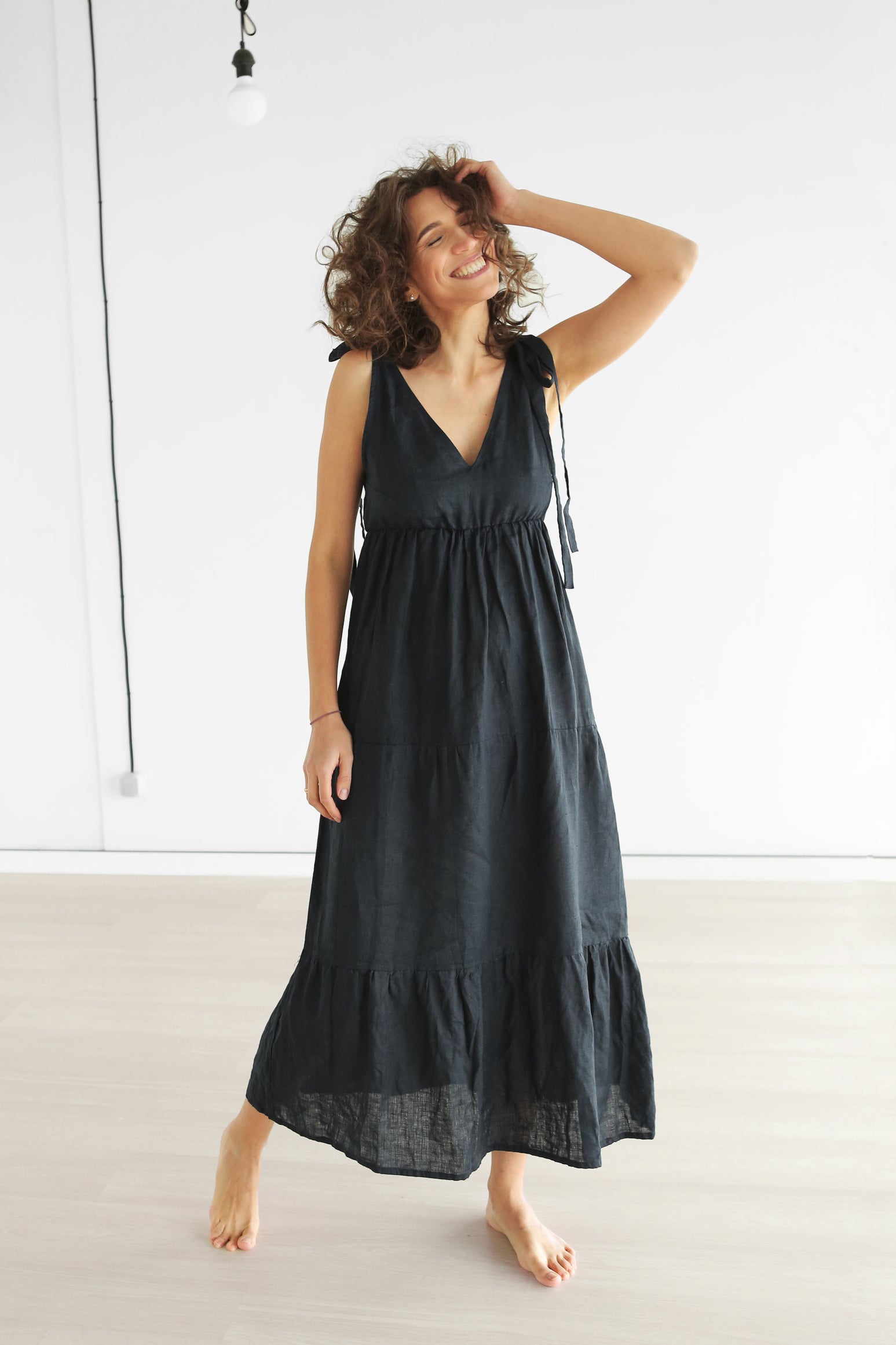 black linen sun dress Black Linen Off The Shoulder Midi Dress