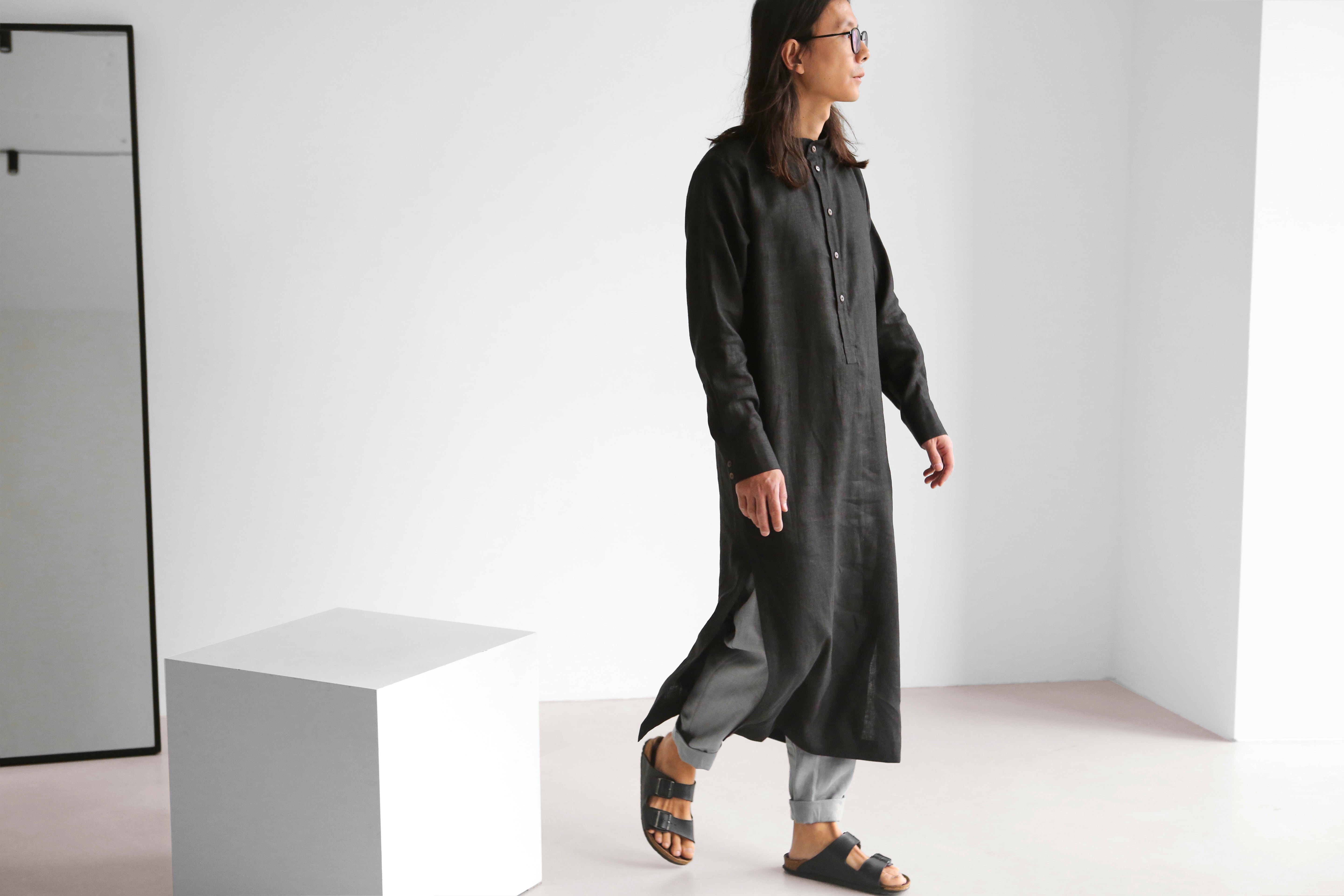 Men’s Long Linen Shirt, Kaftan CYPRESS in Black