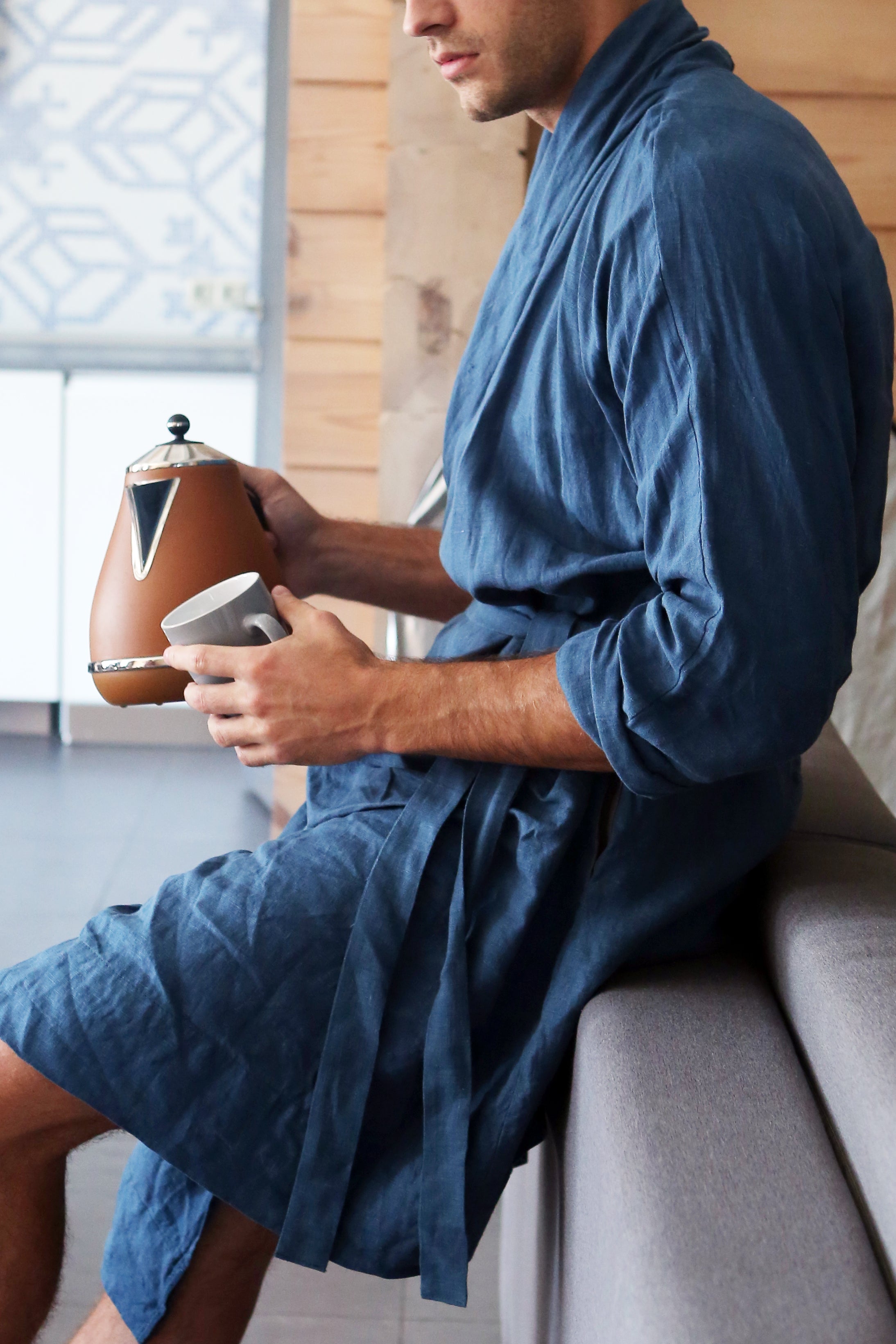 Men’s linen robe JUNIPER in Navy blue