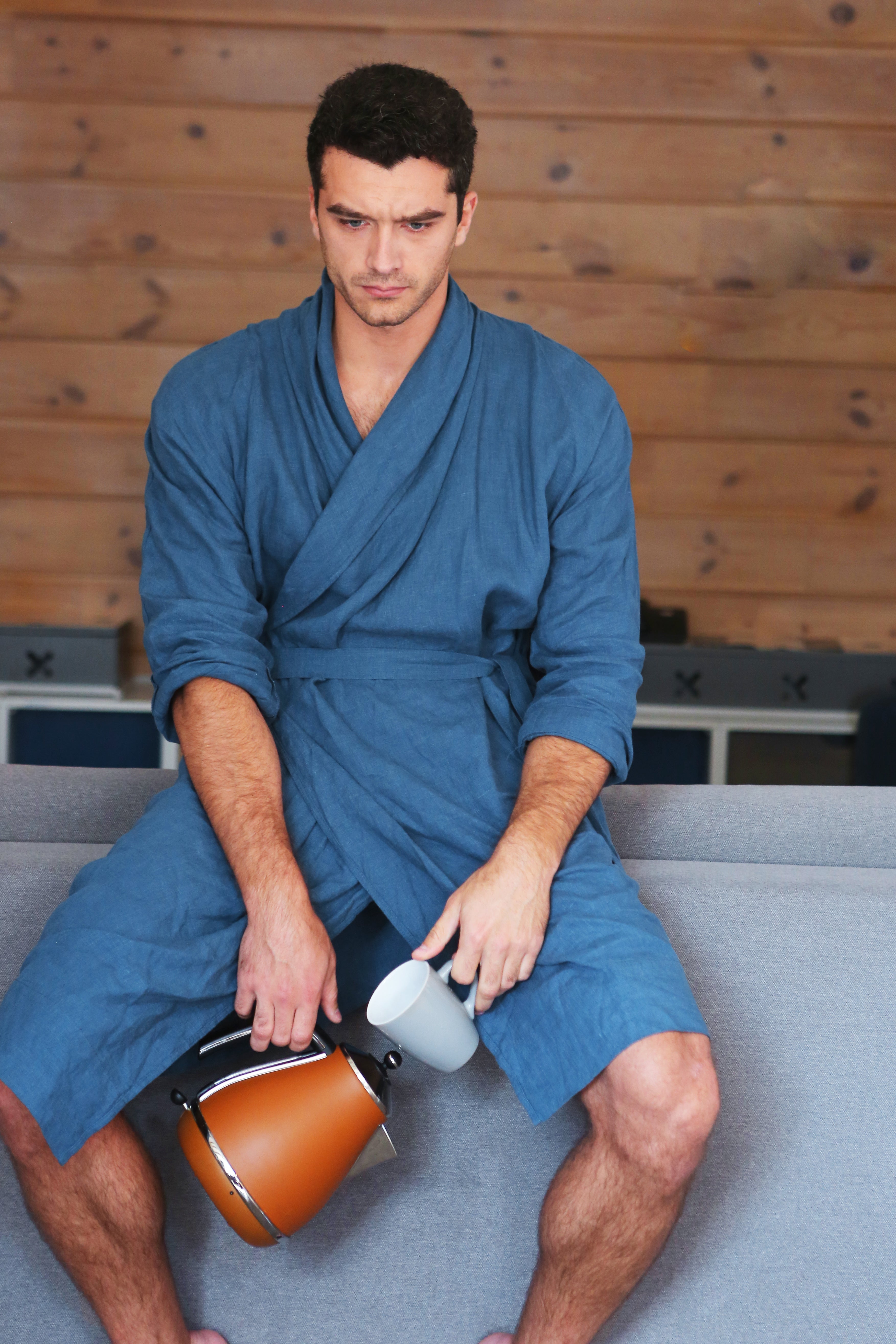 Men’s linen robe JUNIPER in Navy blue