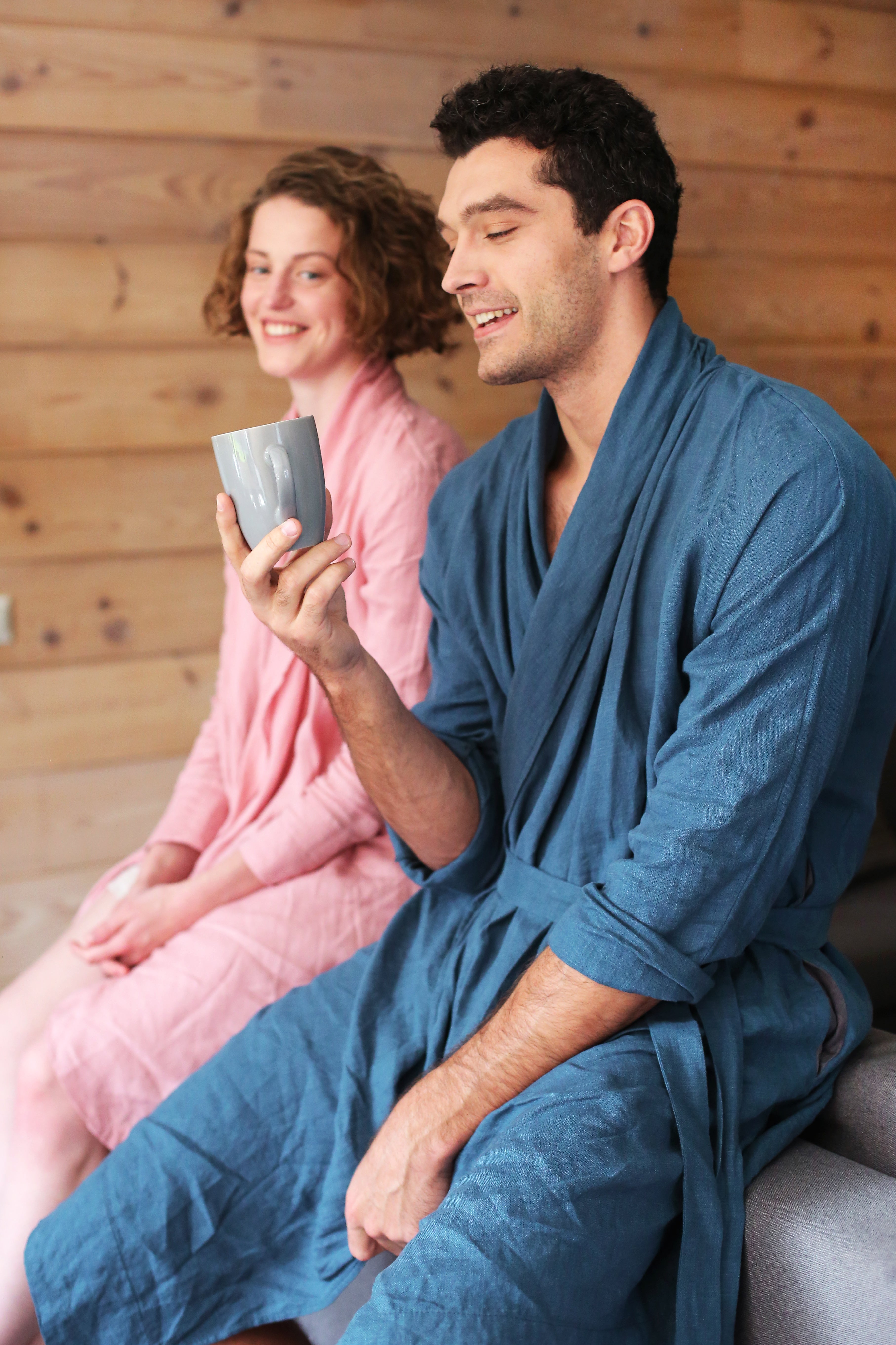 Men’s linen robe JUNIPER in Navy blue