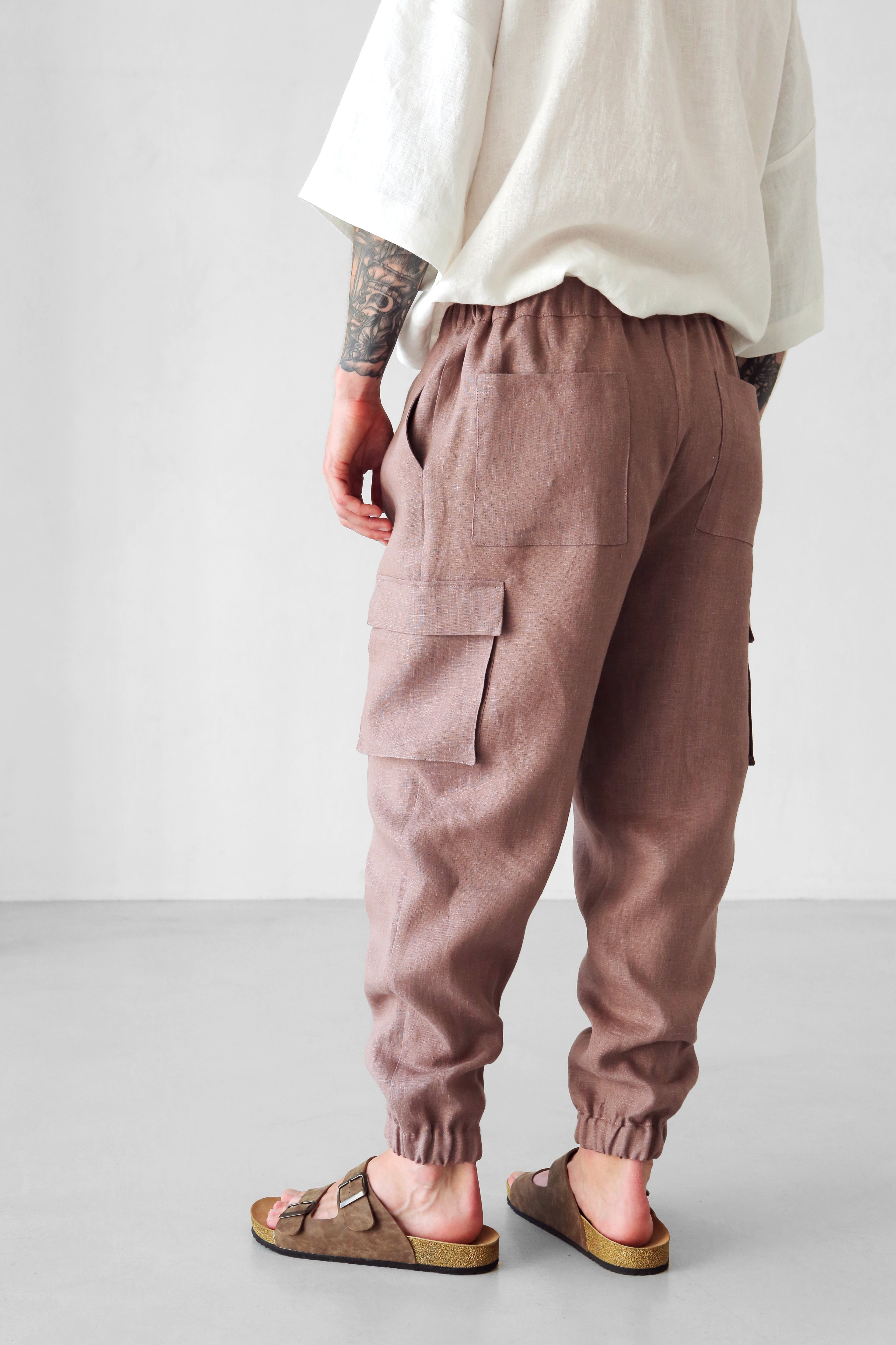 Men’s linen cargo pants SUMAC in Latte