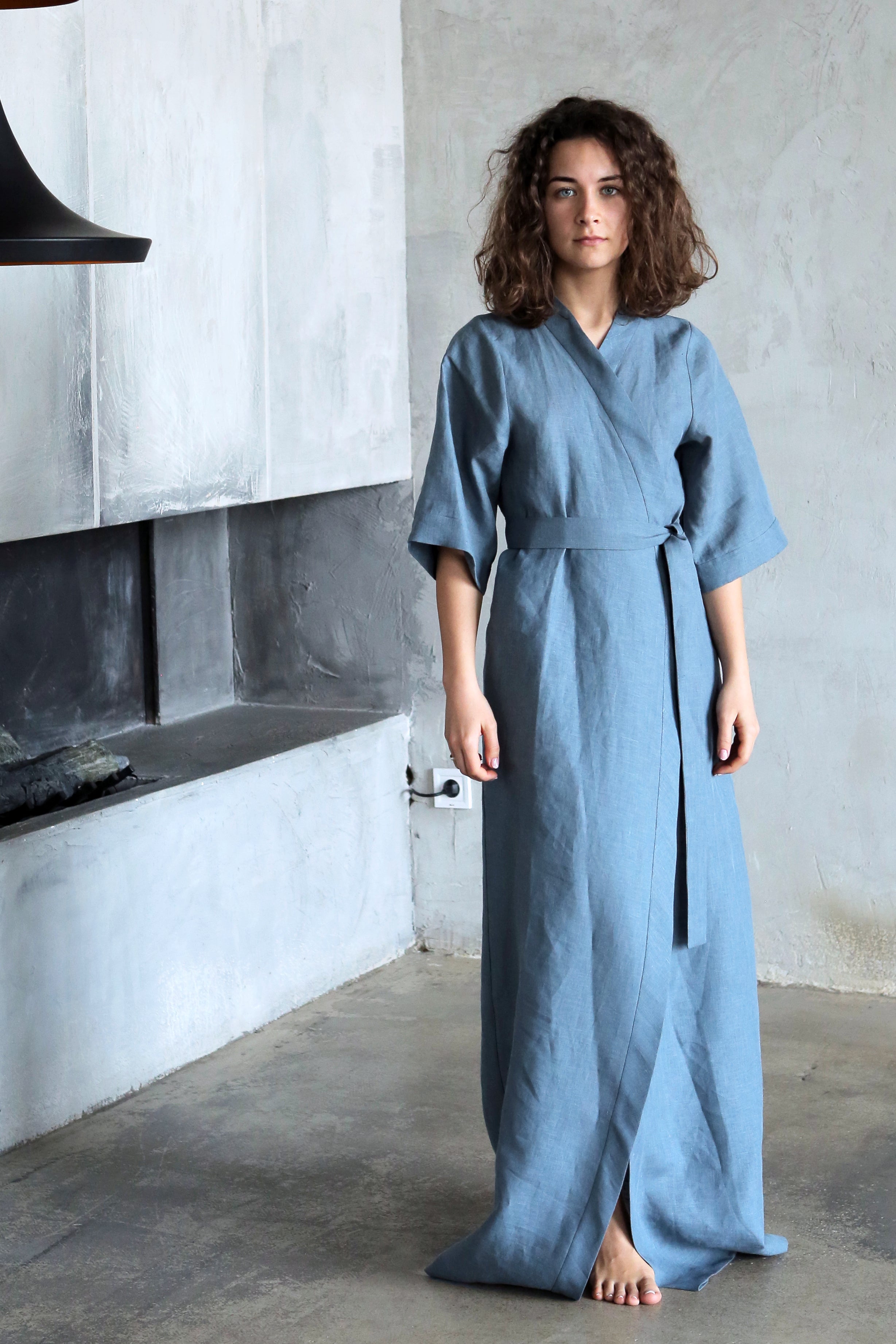 Women’s Long Linen Kimono UME in Blue grey