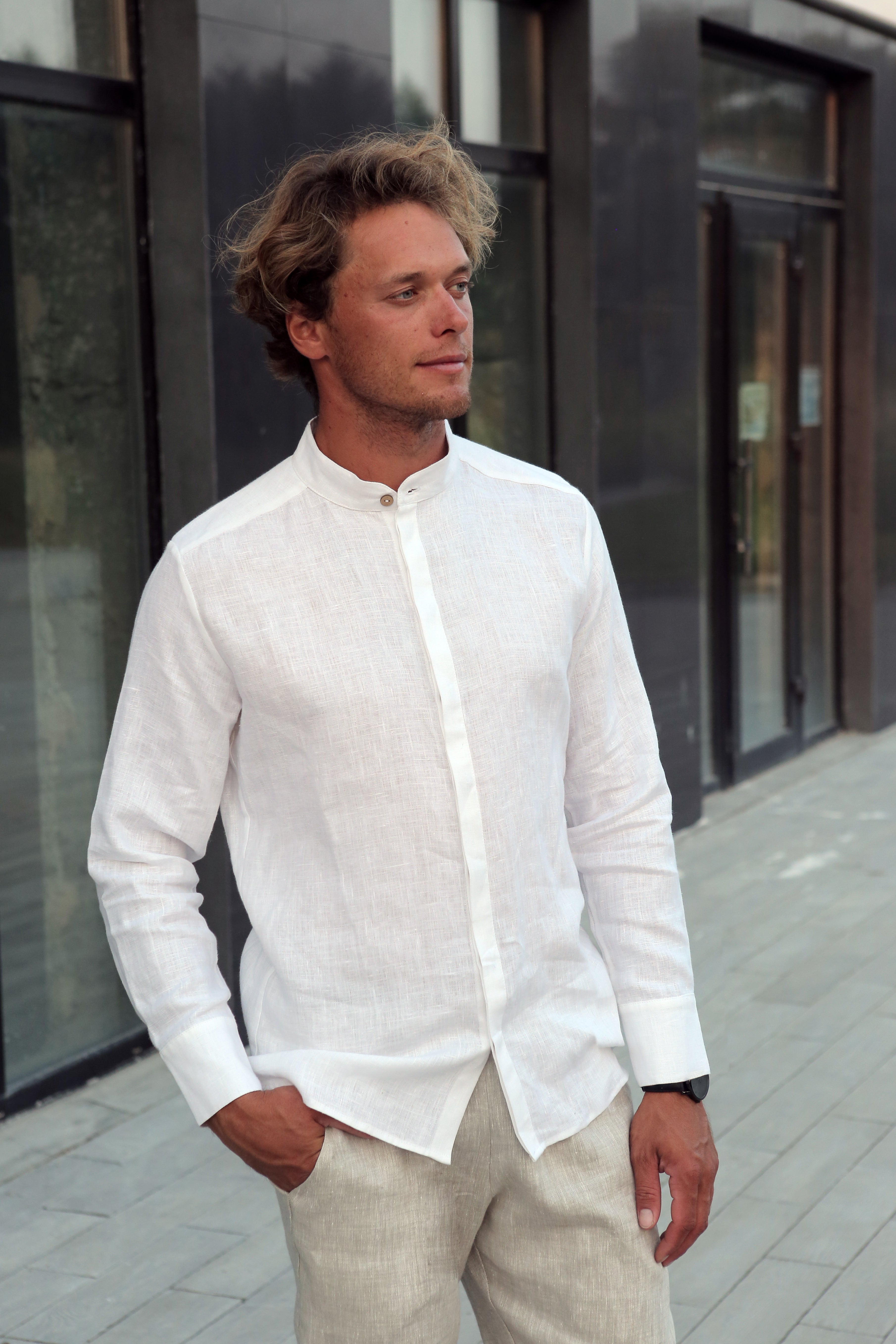 Men’s Linen Shirt OLIVE in White