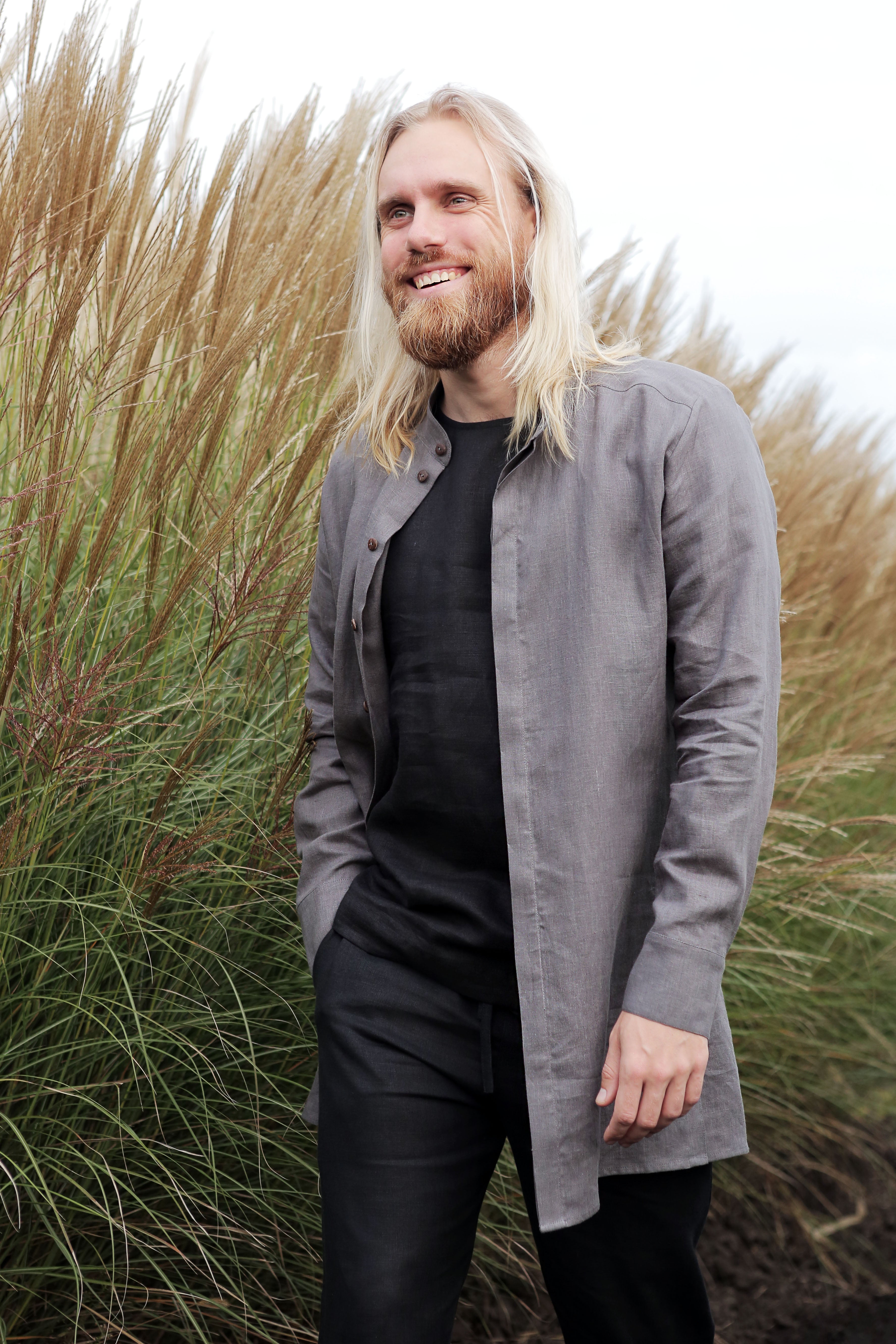 Men’s Long Linen Shirt OLIVE in Dark grey