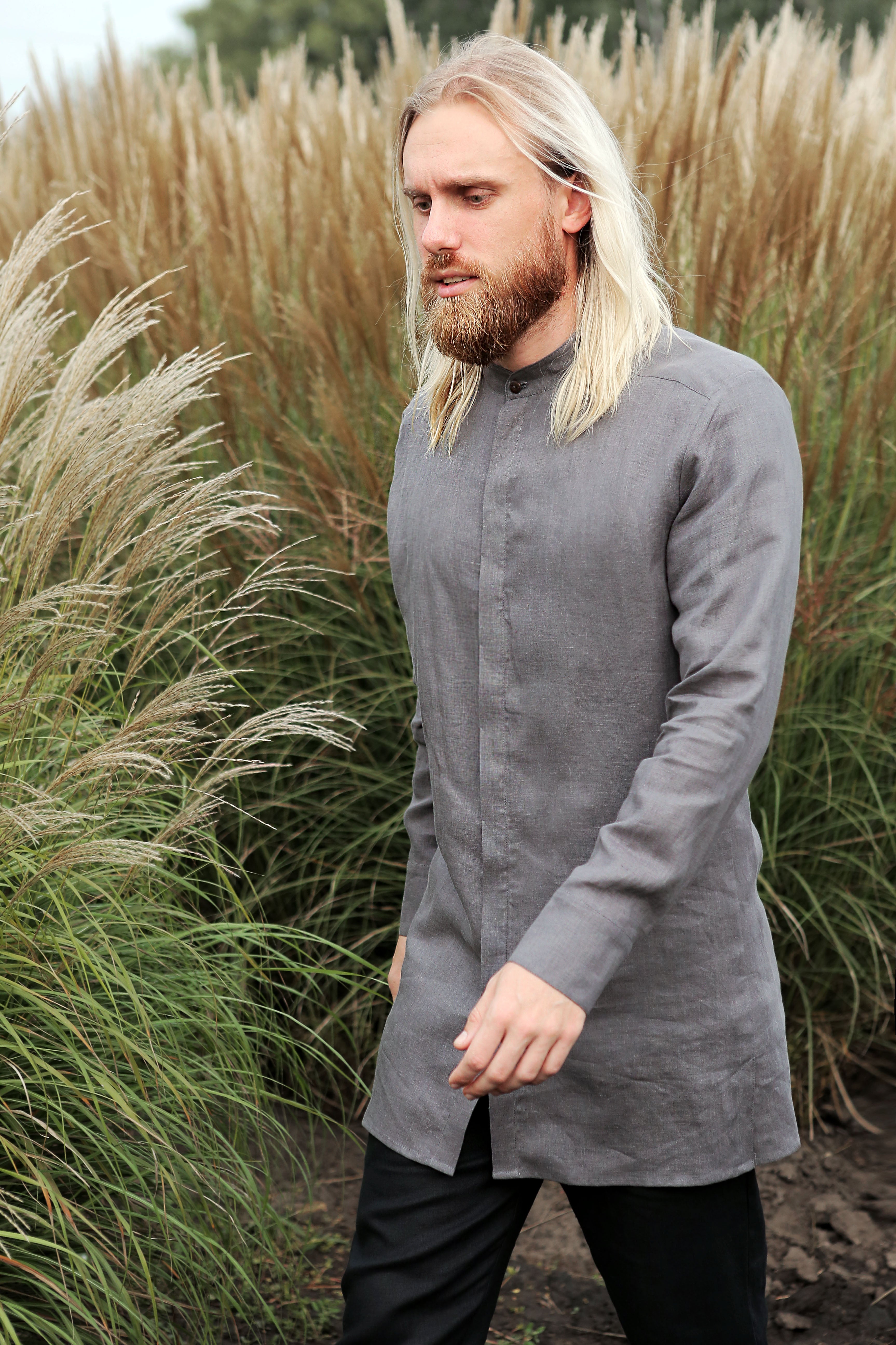 Men’s Long Linen Shirt OLIVE in Dark grey