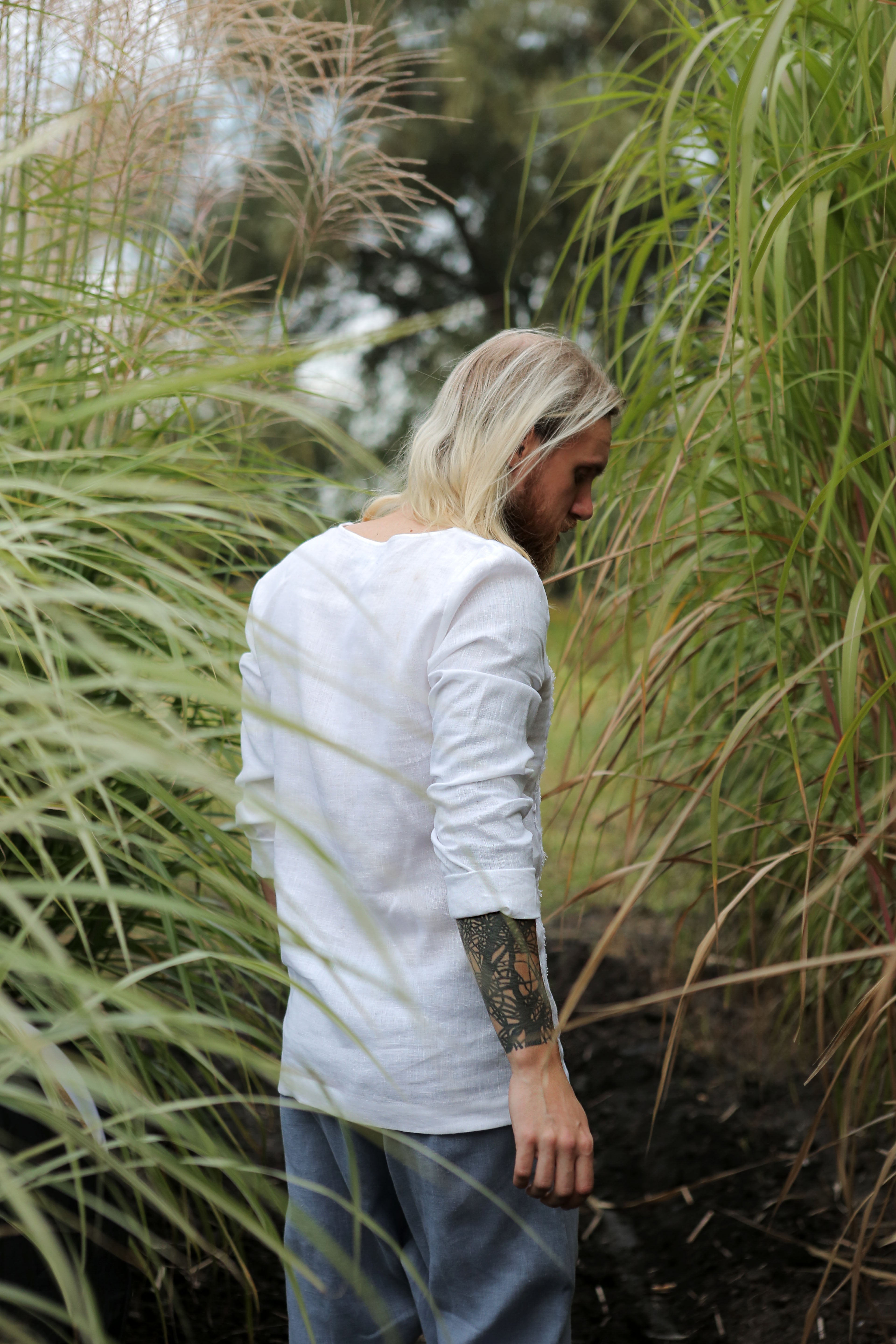 Men’s Linen T-Shirt with fringe line BIRCH in White