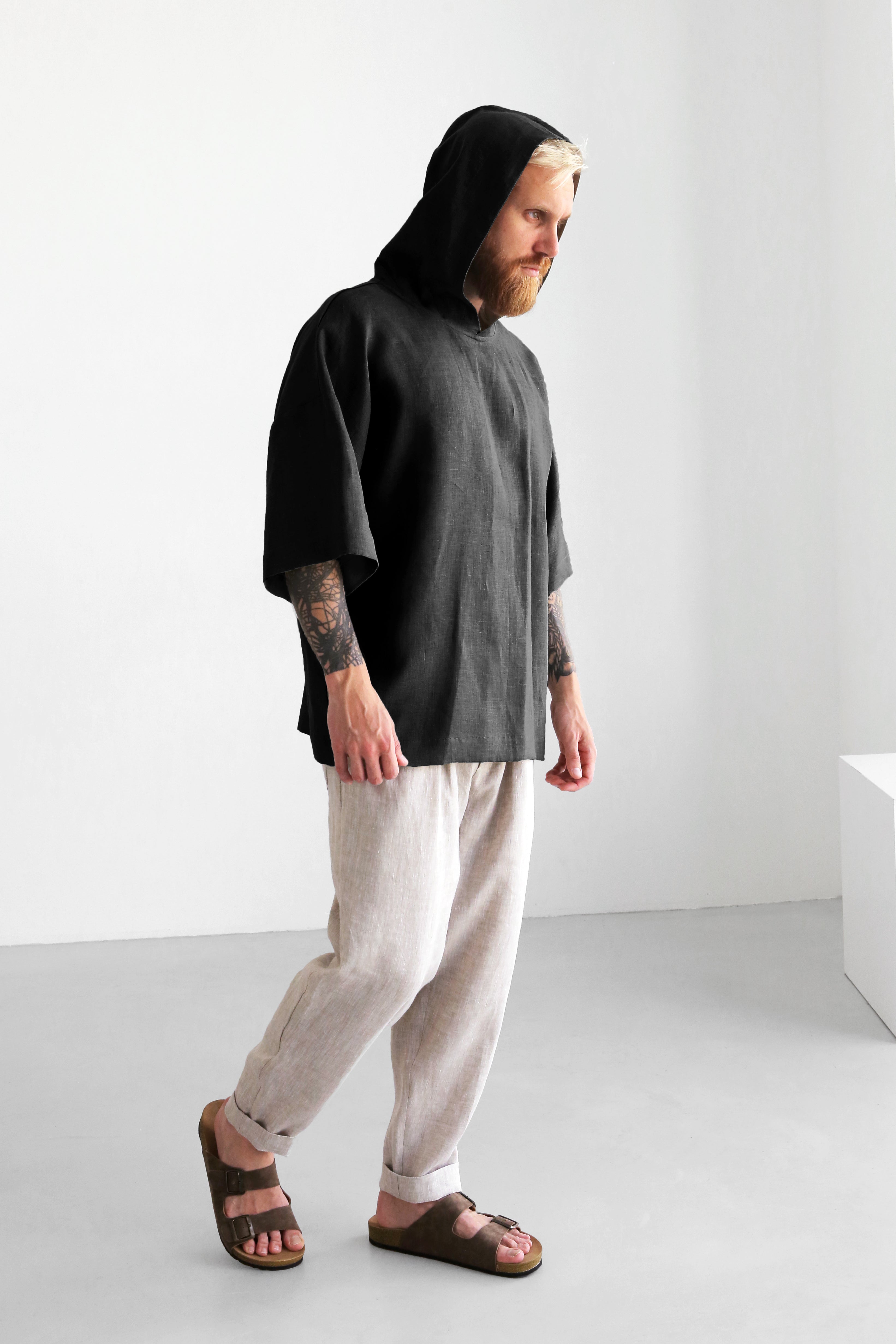 Linen Hooded T-shirt SHOBU in Black