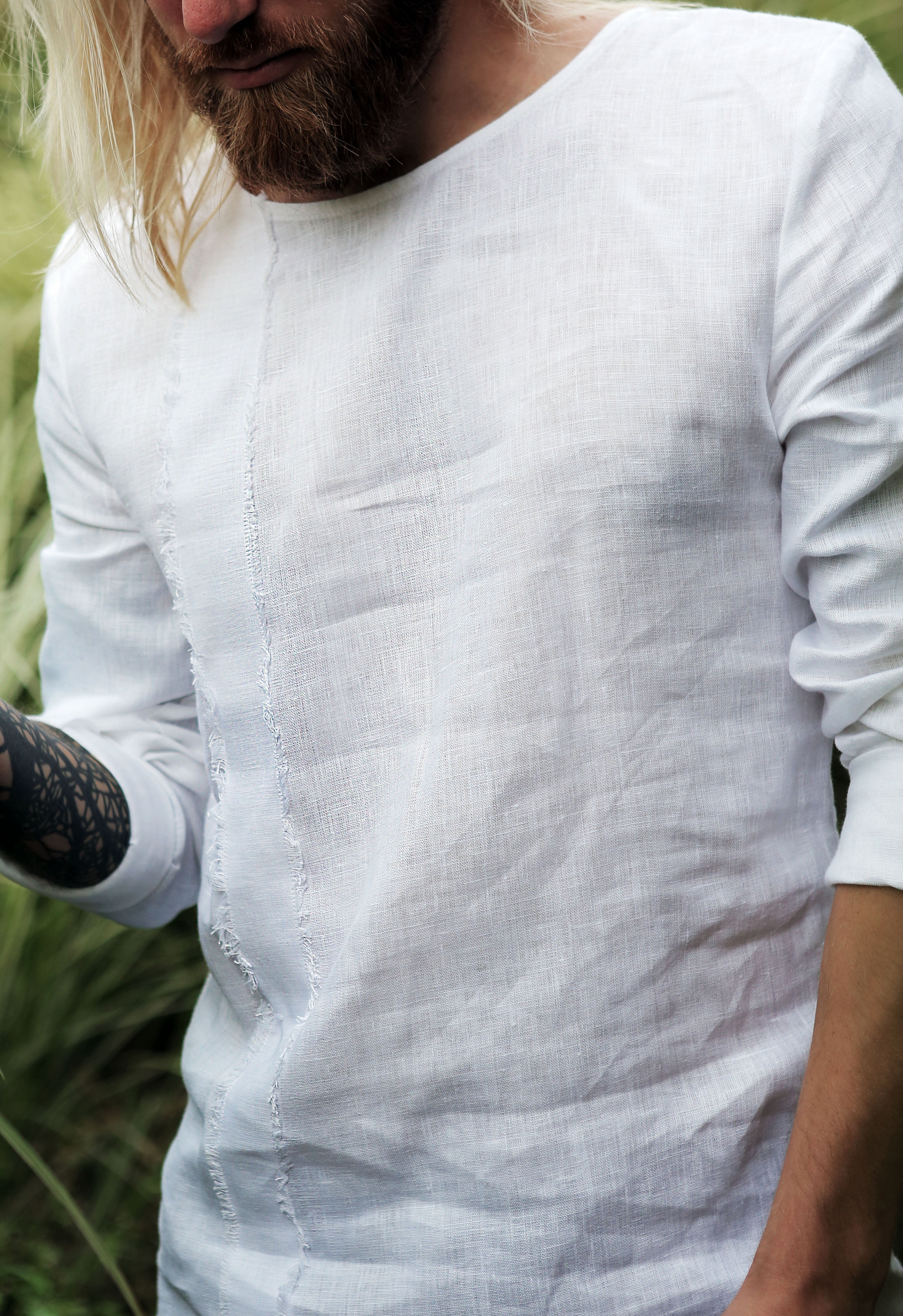 Men’s Linen T-Shirt with fringe line BIRCH in White