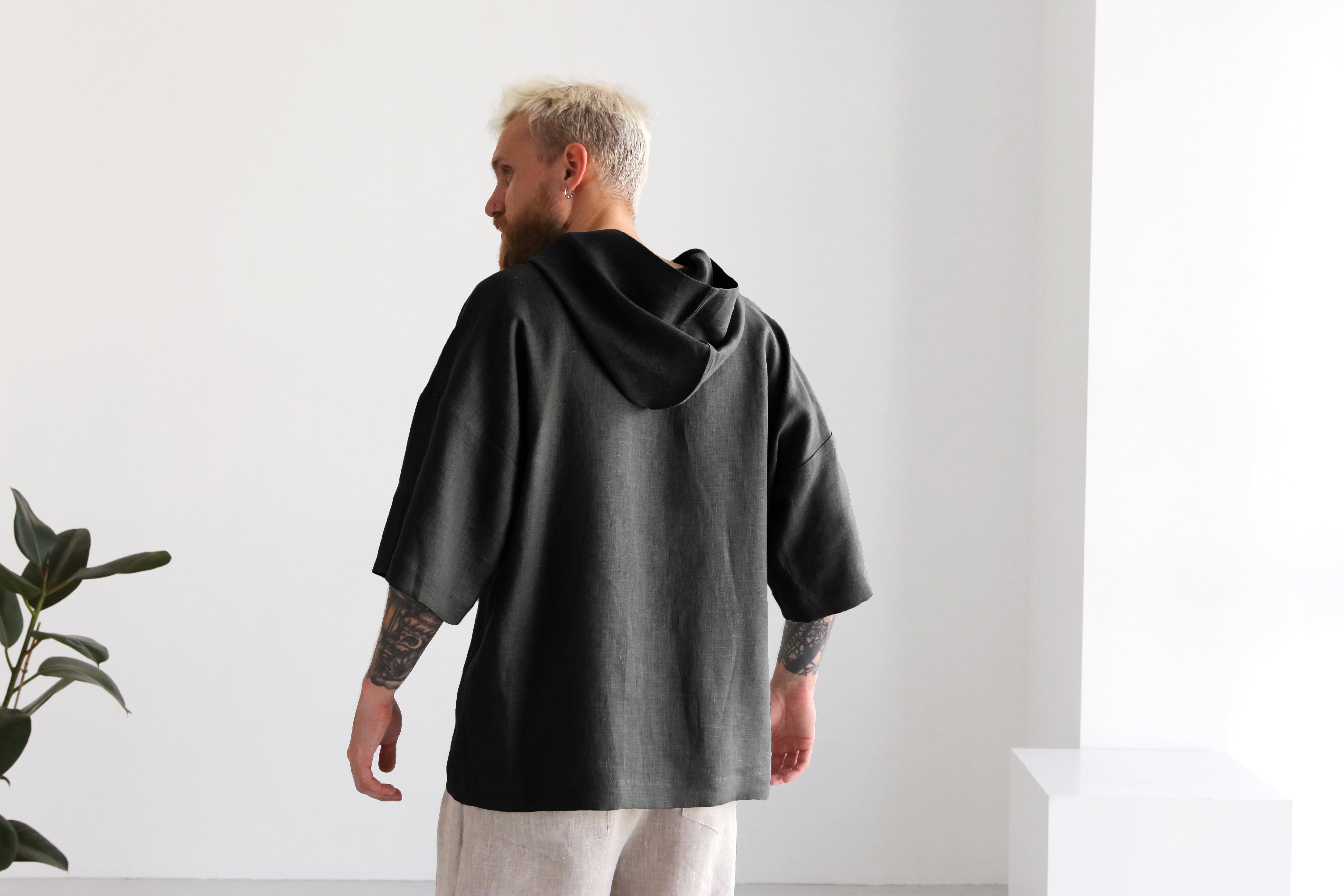 Linen Hooded T-shirt SHOBU in Black