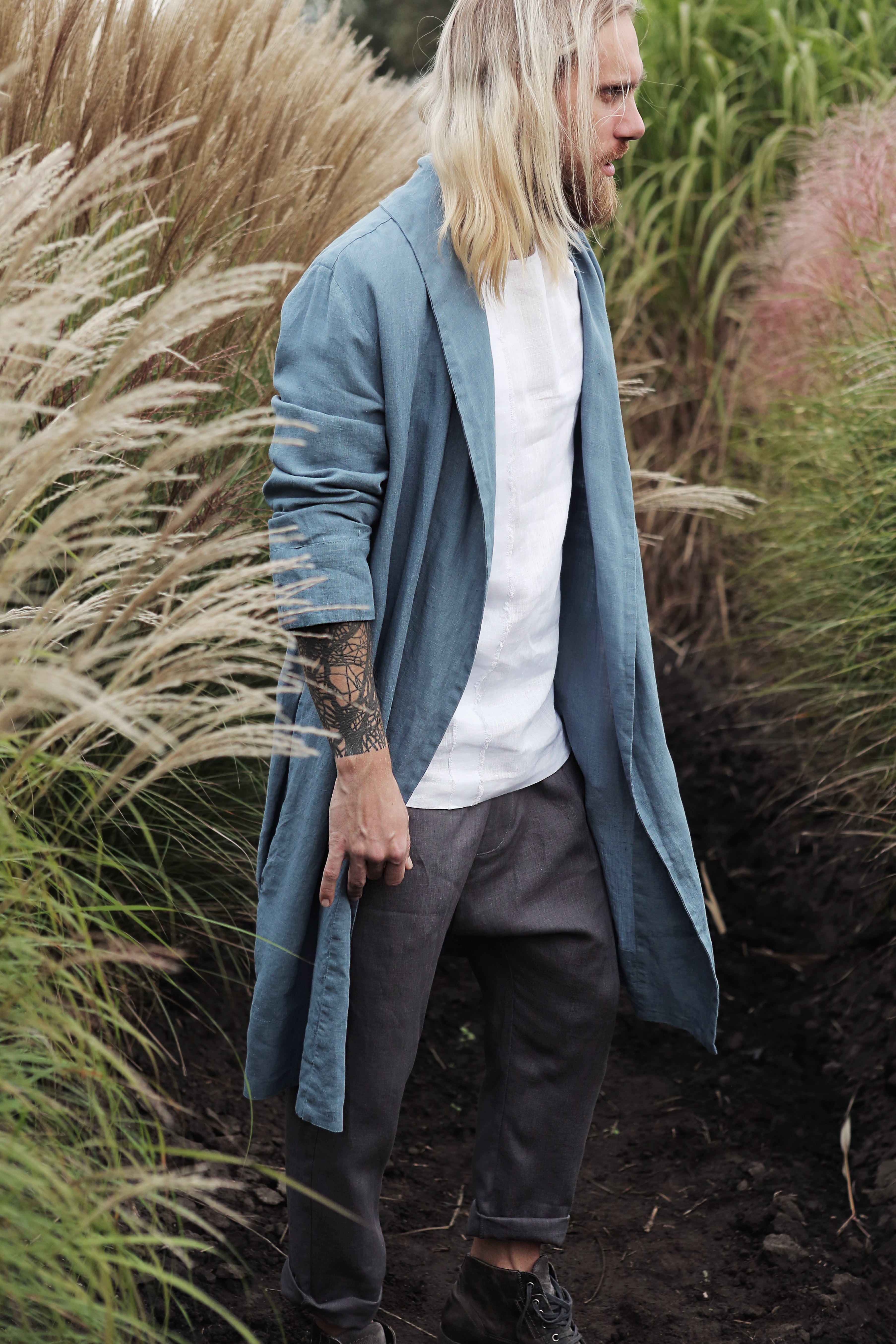 Men’s linen bathrobe JUNIPER in Blue grey