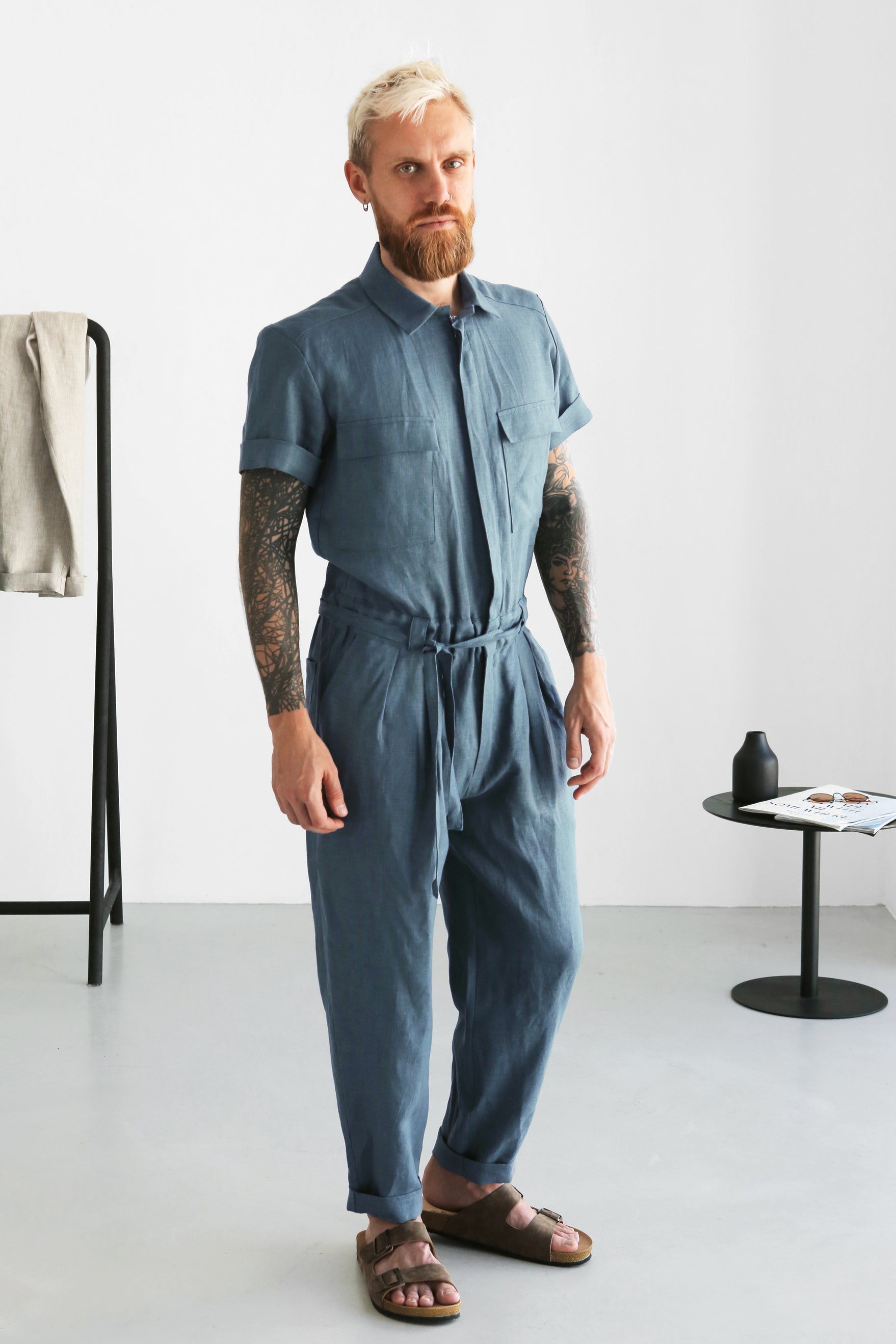 Mens Linen Jumpsuit SANDAL in Blue grey