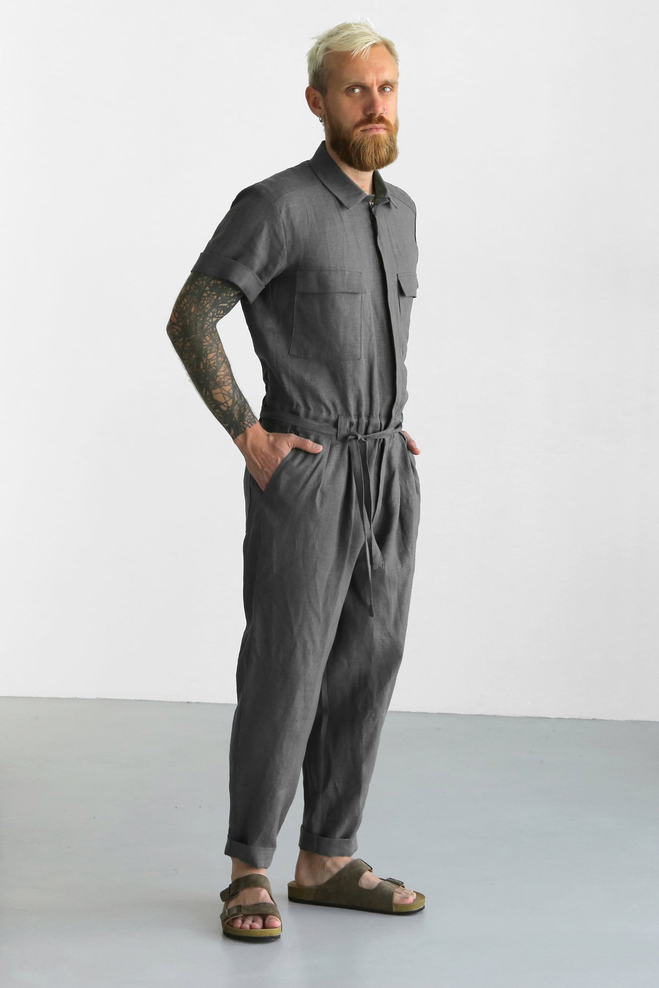 Mens Linen Jumpsuit SANDAL in Dark grey
