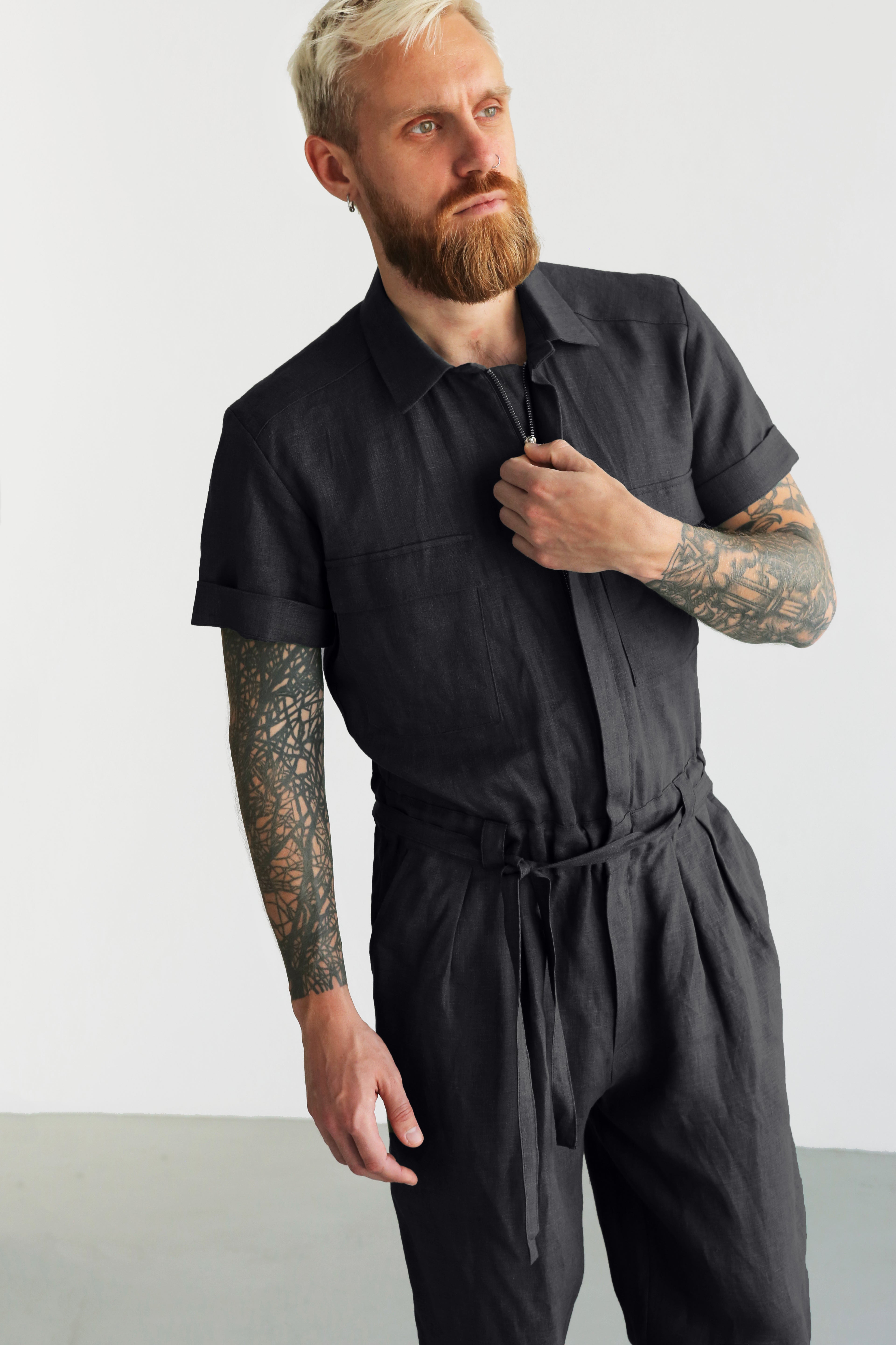 Mens Linen Jumpsuit SANDAL in Black