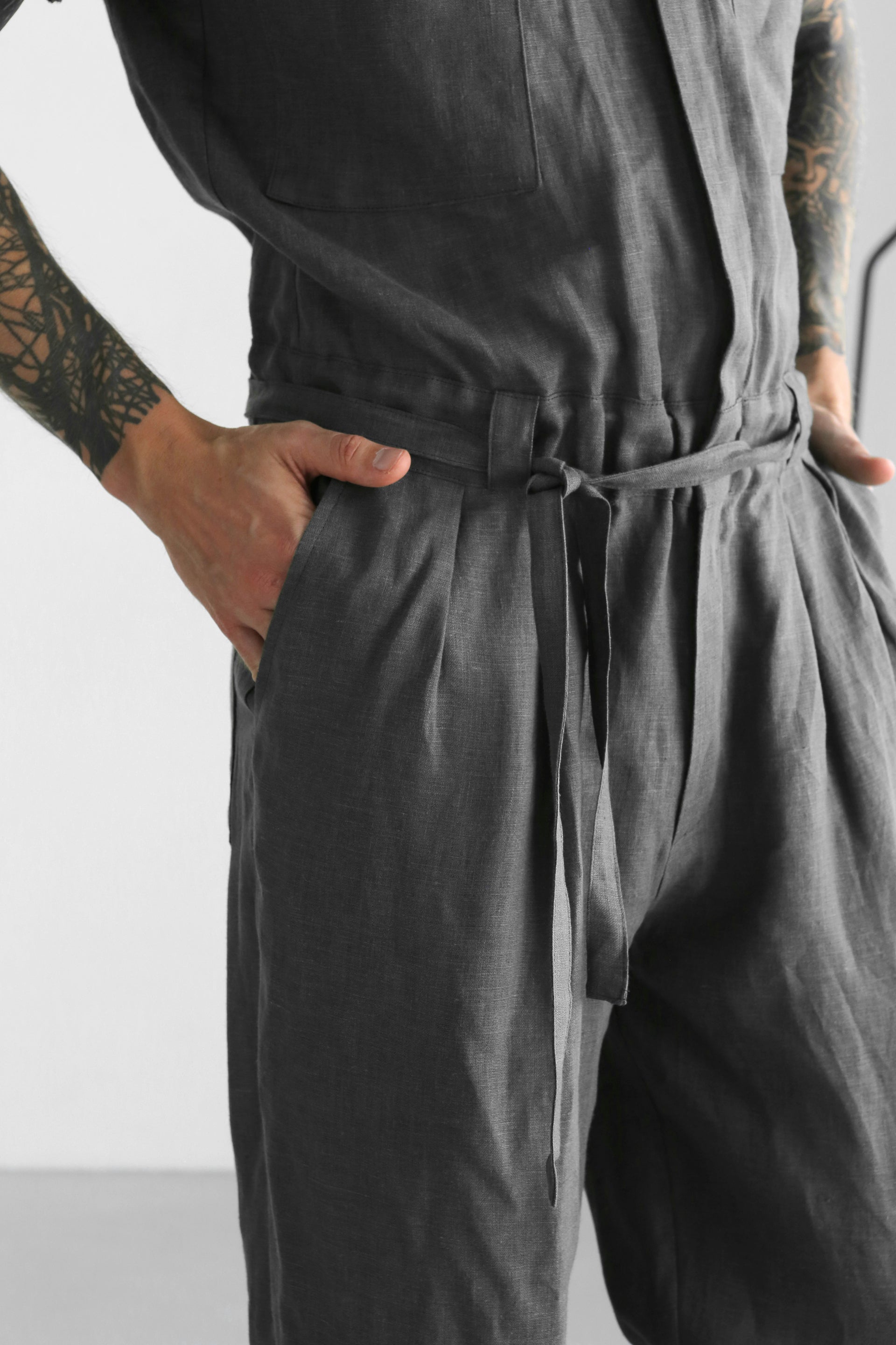 Mens Linen Jumpsuit SANDAL in Dark grey