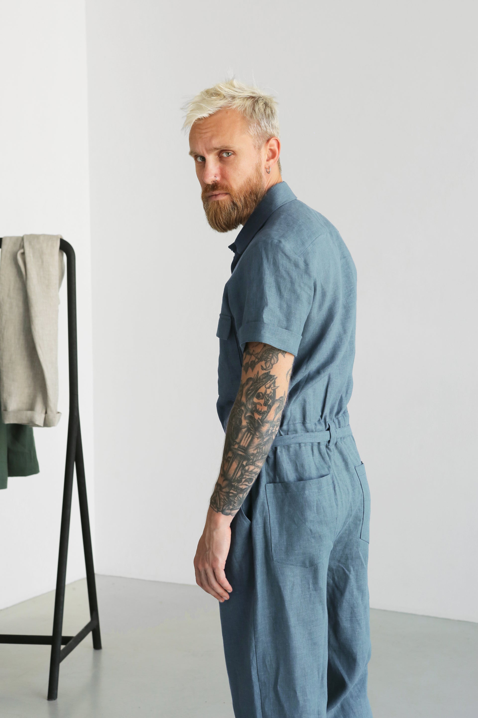 Mens Linen Jumpsuit SANDAL in Blue grey