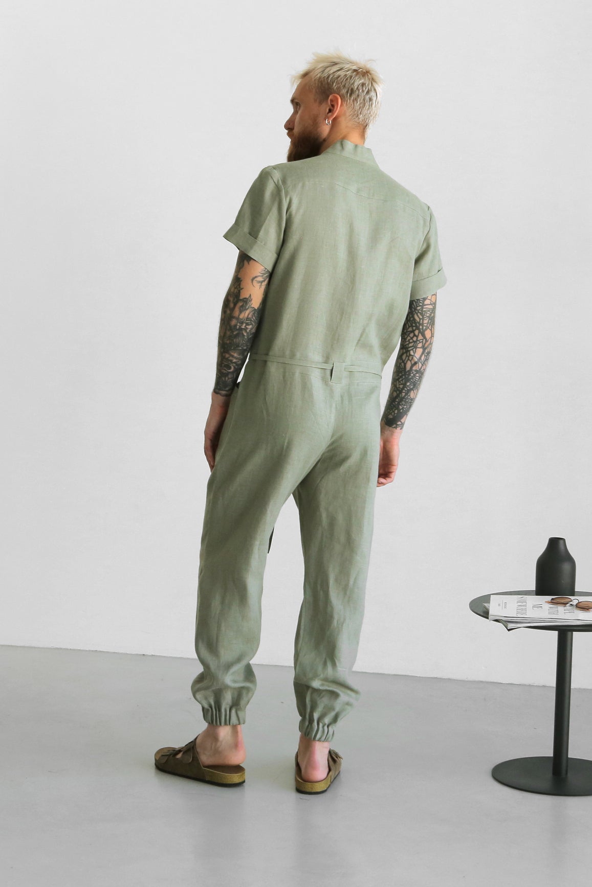 Mens Linen Jumpsuit PALO SANTO Short Sleeve in Olive