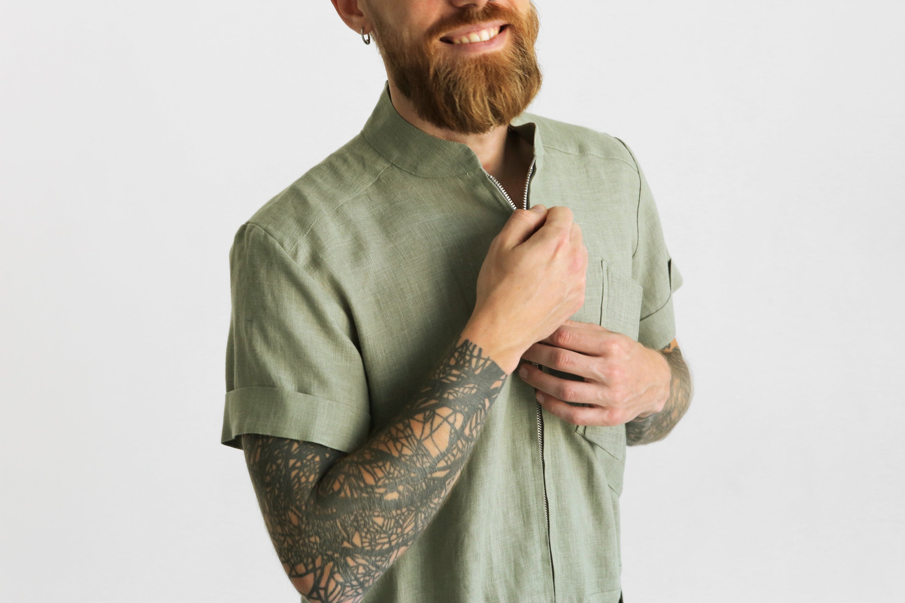 Mens Linen Jumpsuit PALO SANTO Short Sleeve in Olive