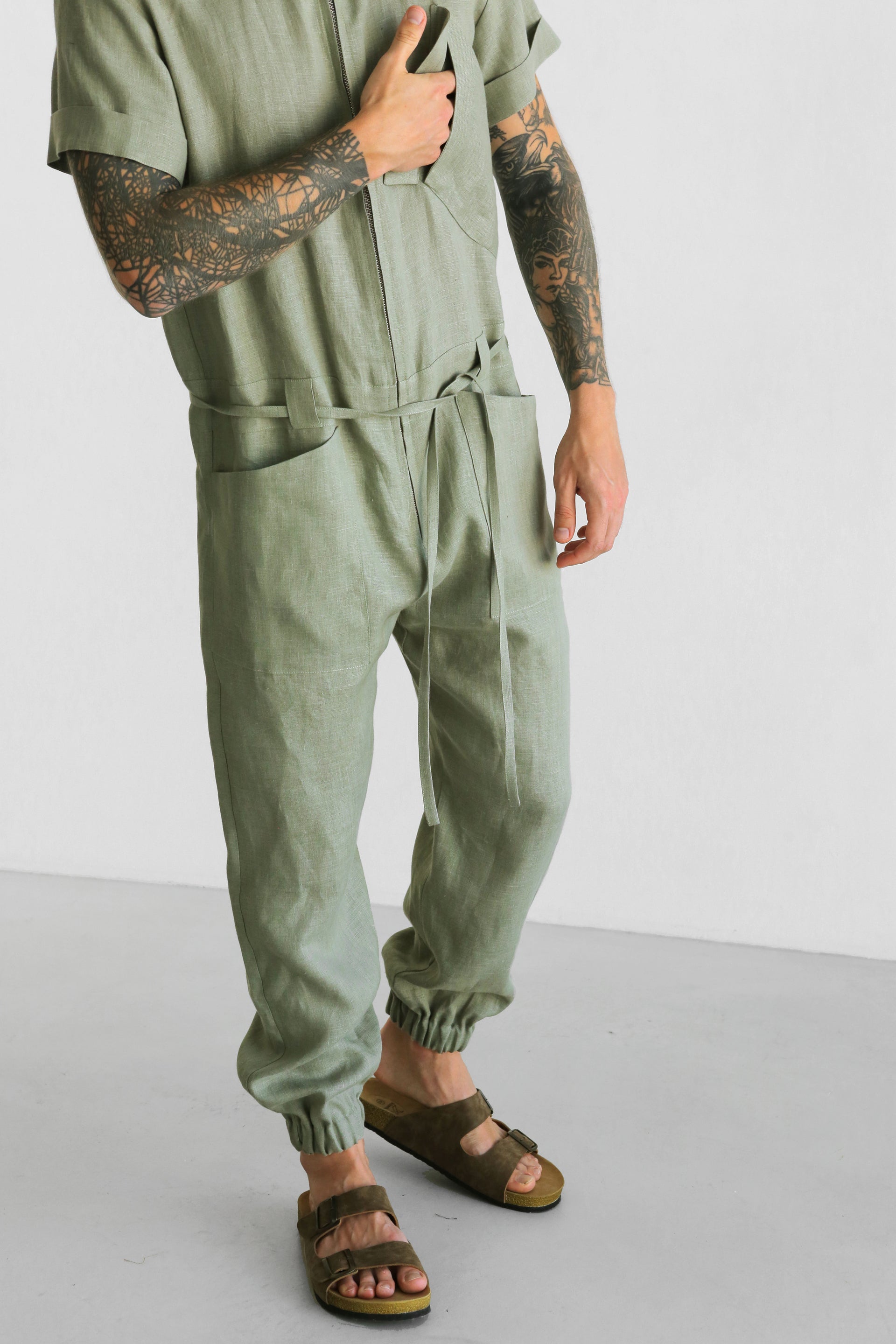 Mens Linen Jumpsuit PALO SANTO Short Sleeve in Olive