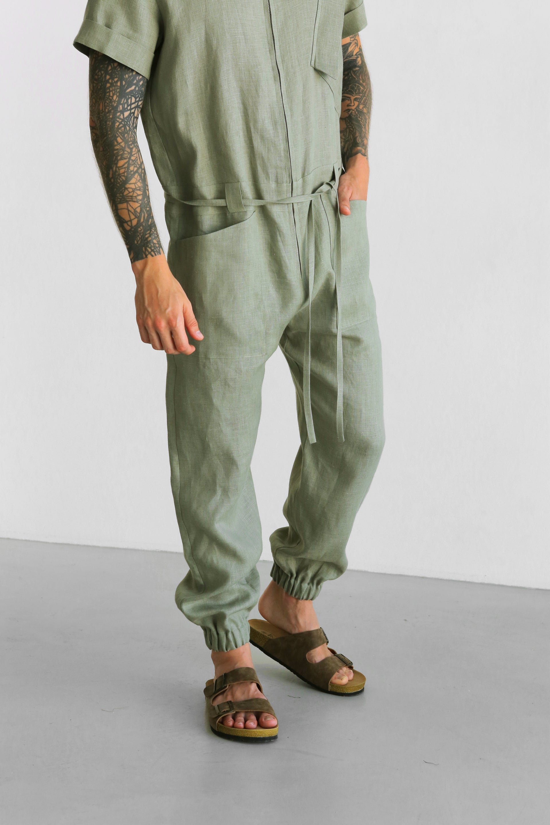 Mens Linen Jumpsuit PALO SANTO Short Sleeve in Olive