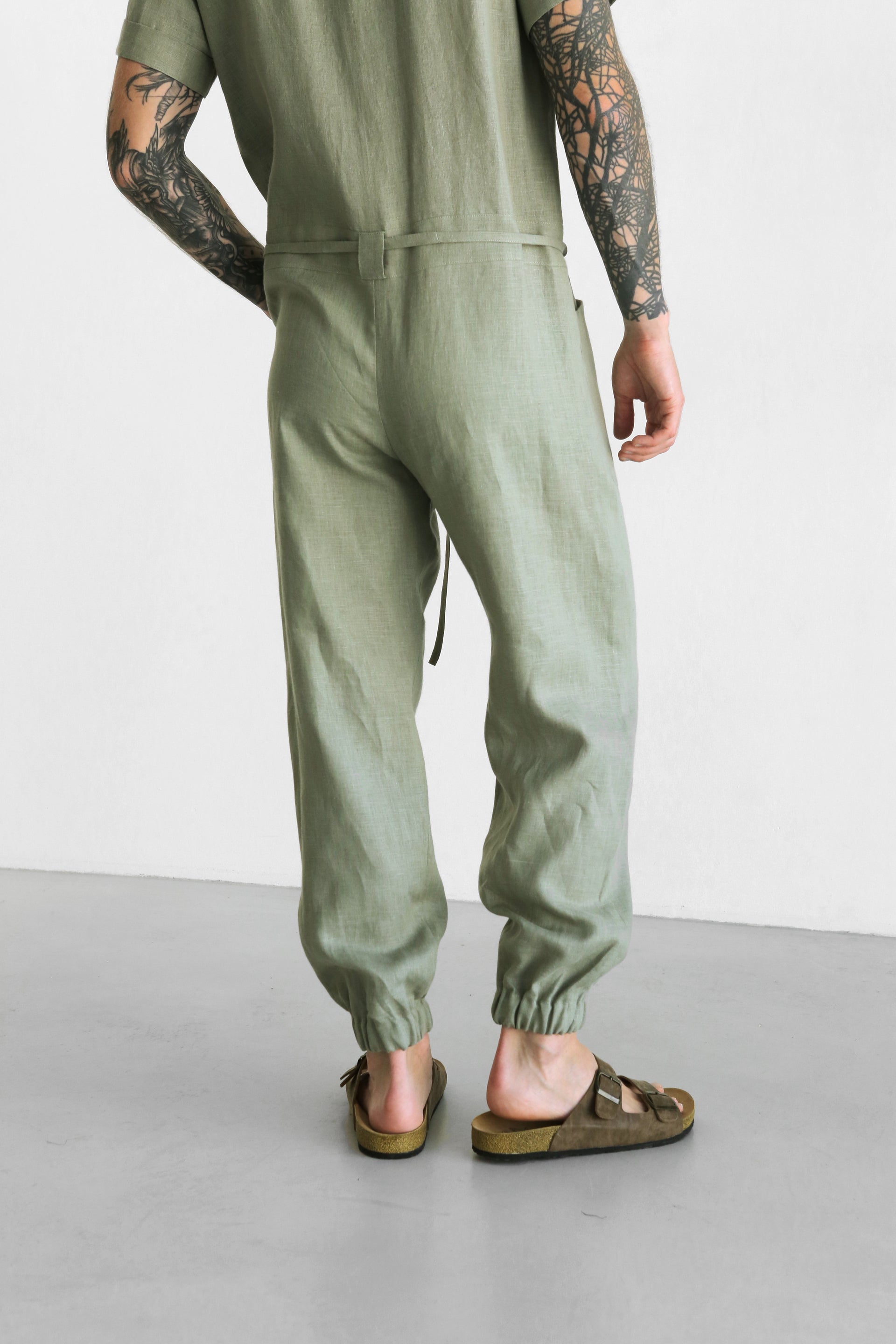 Mens Linen Jumpsuit PALO SANTO Short Sleeve in Olive