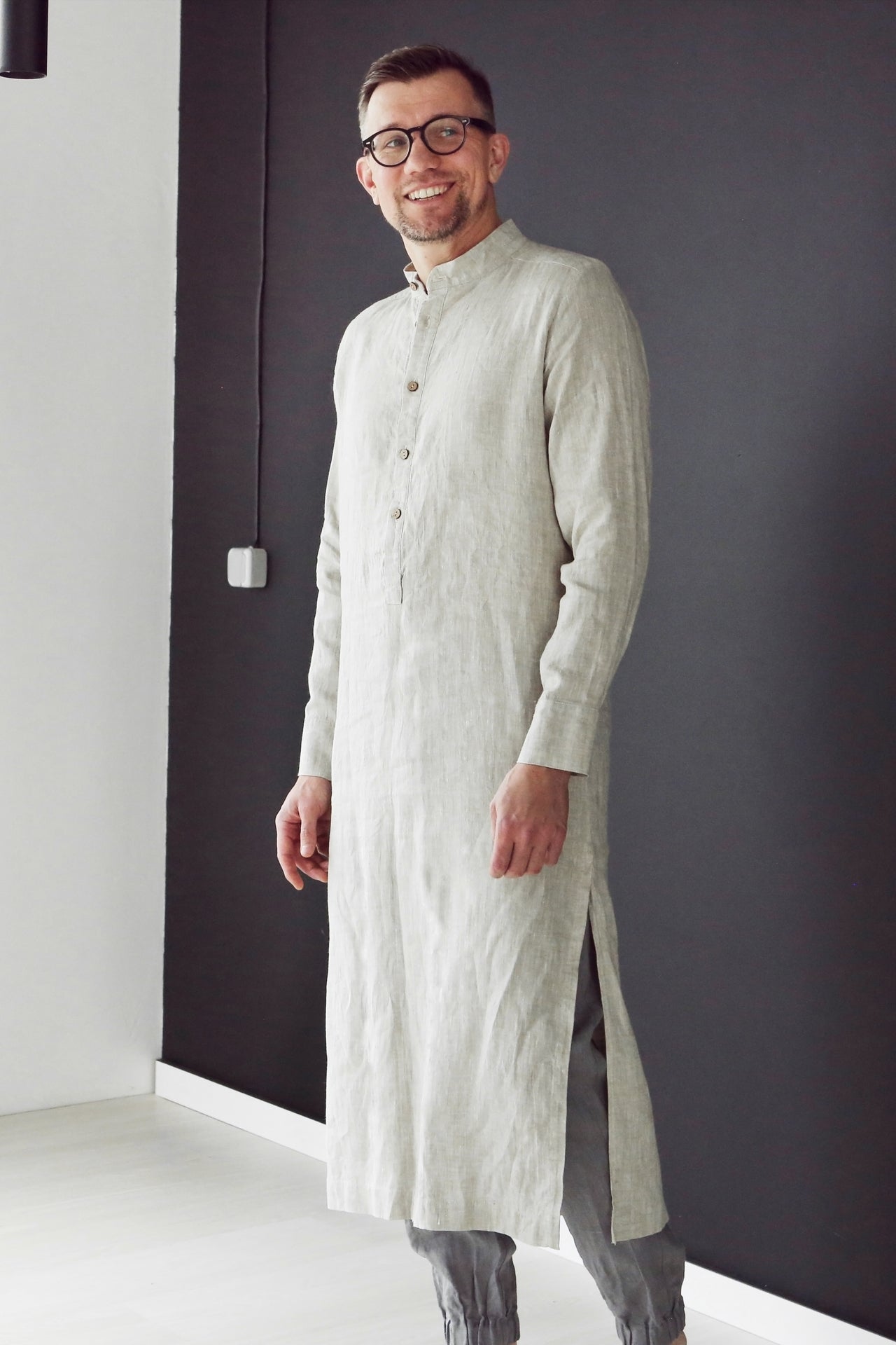 Men’s Long Linen Shirt, Kaftan CYPRESS in Beige