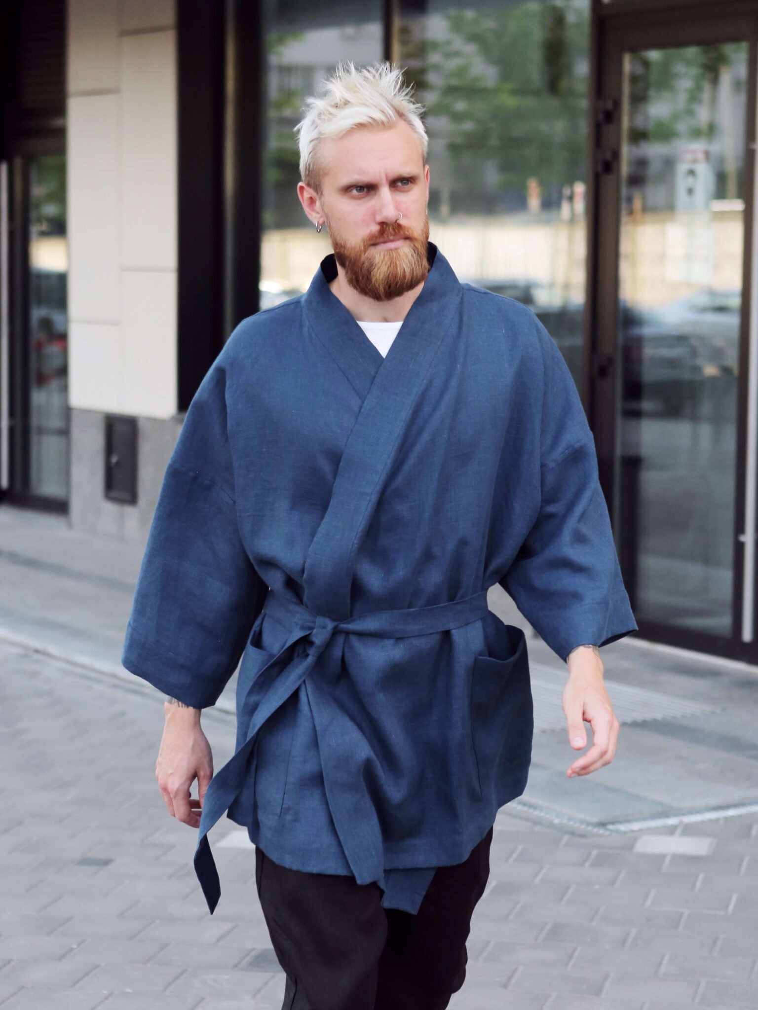 Men’s linen kimono SUGI in Navy blue