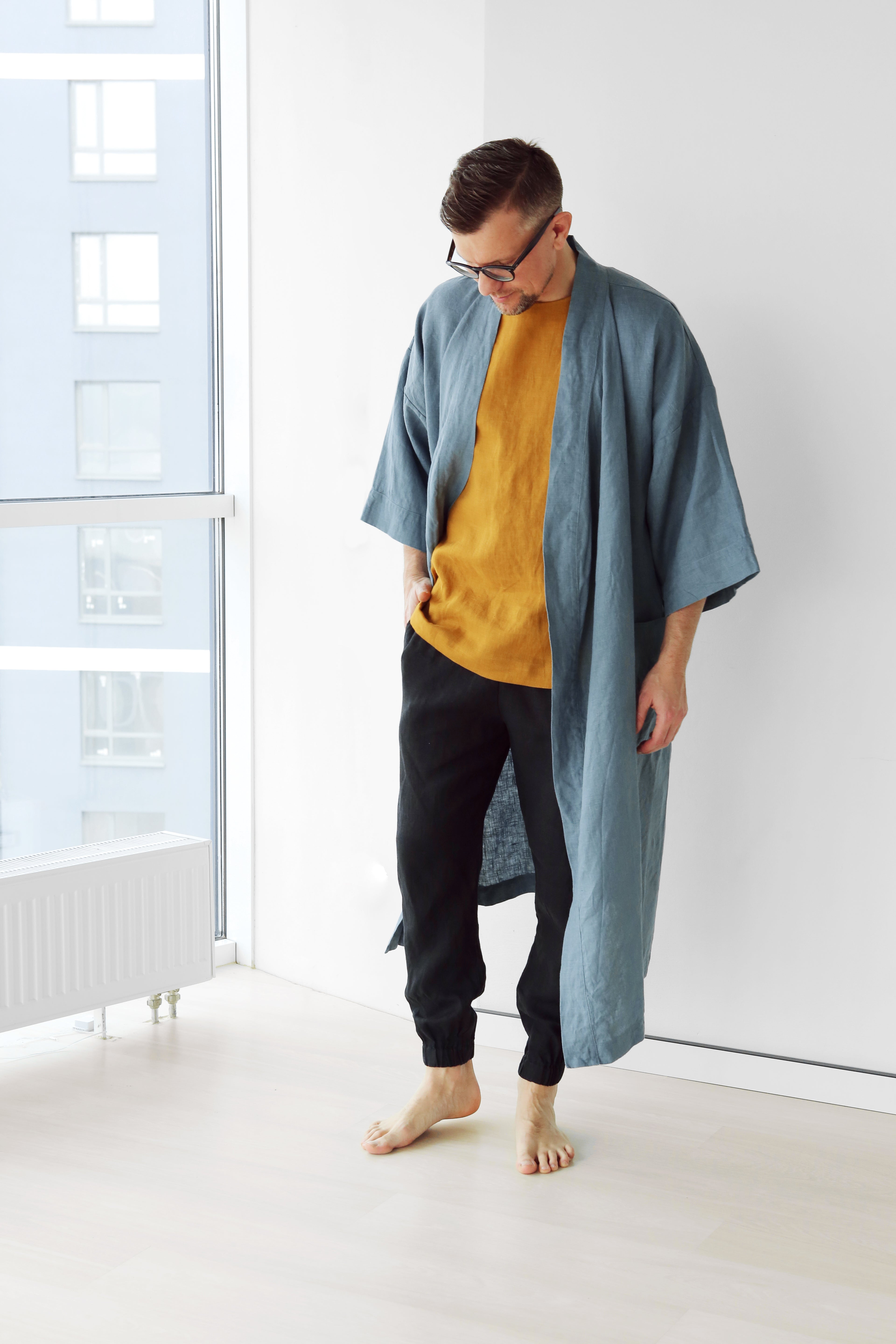 Men’s linen kimono HINOKI in Blue grey