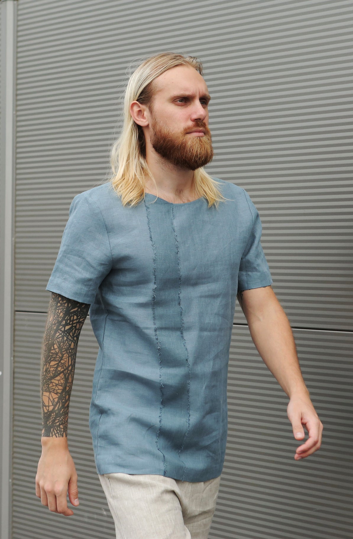 Designer Men’s Linen T-Shirt LINDEN in Blue grey