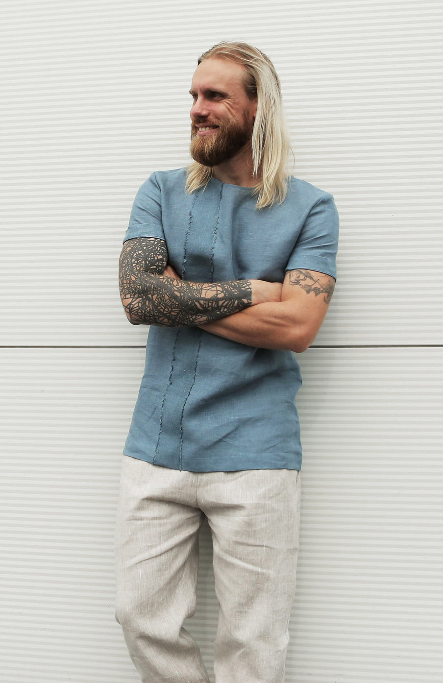 Designer Men’s Linen T-Shirt LINDEN in Blue grey