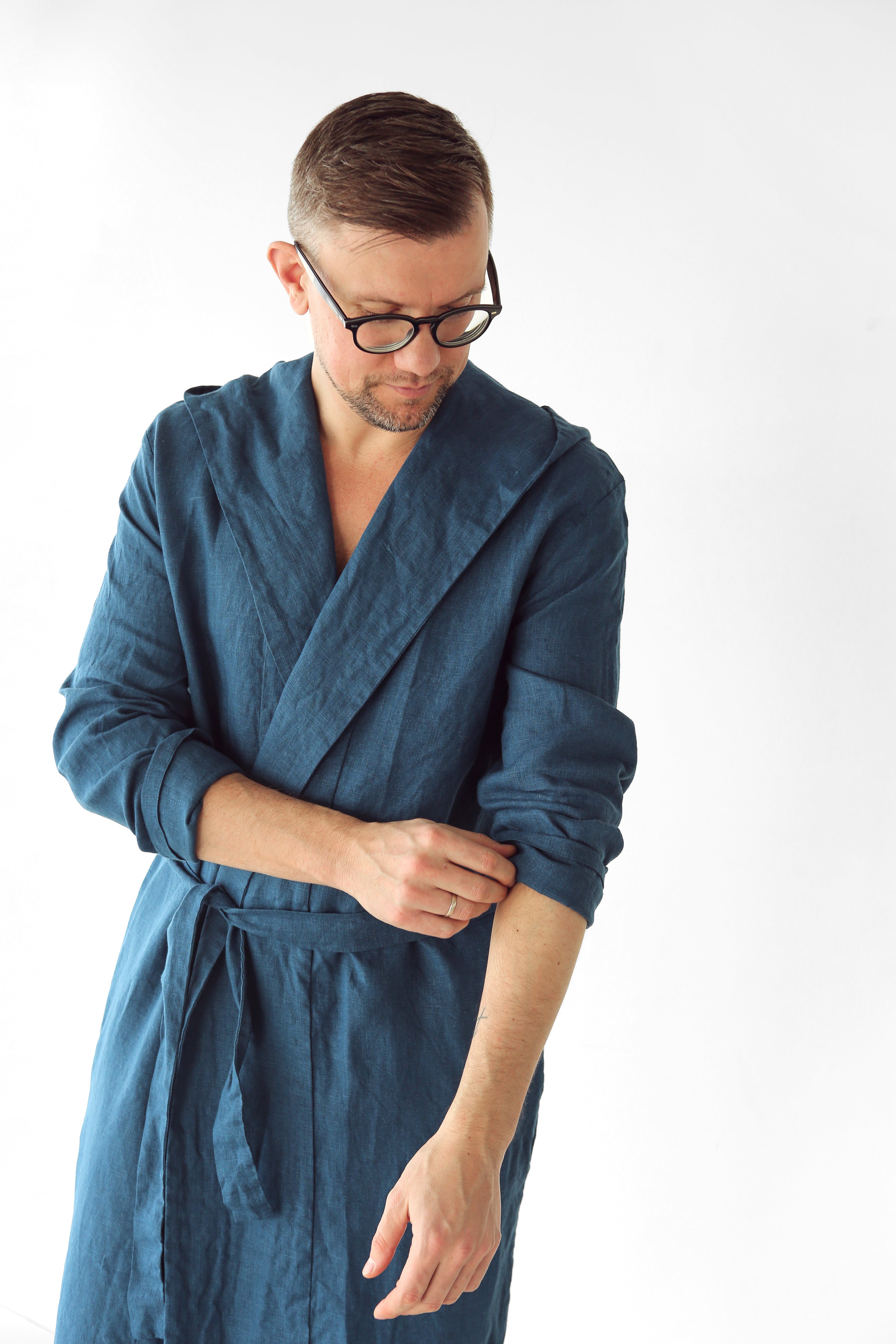Men’s linen robe with a hood EVERGREEN LONG in Navy blue