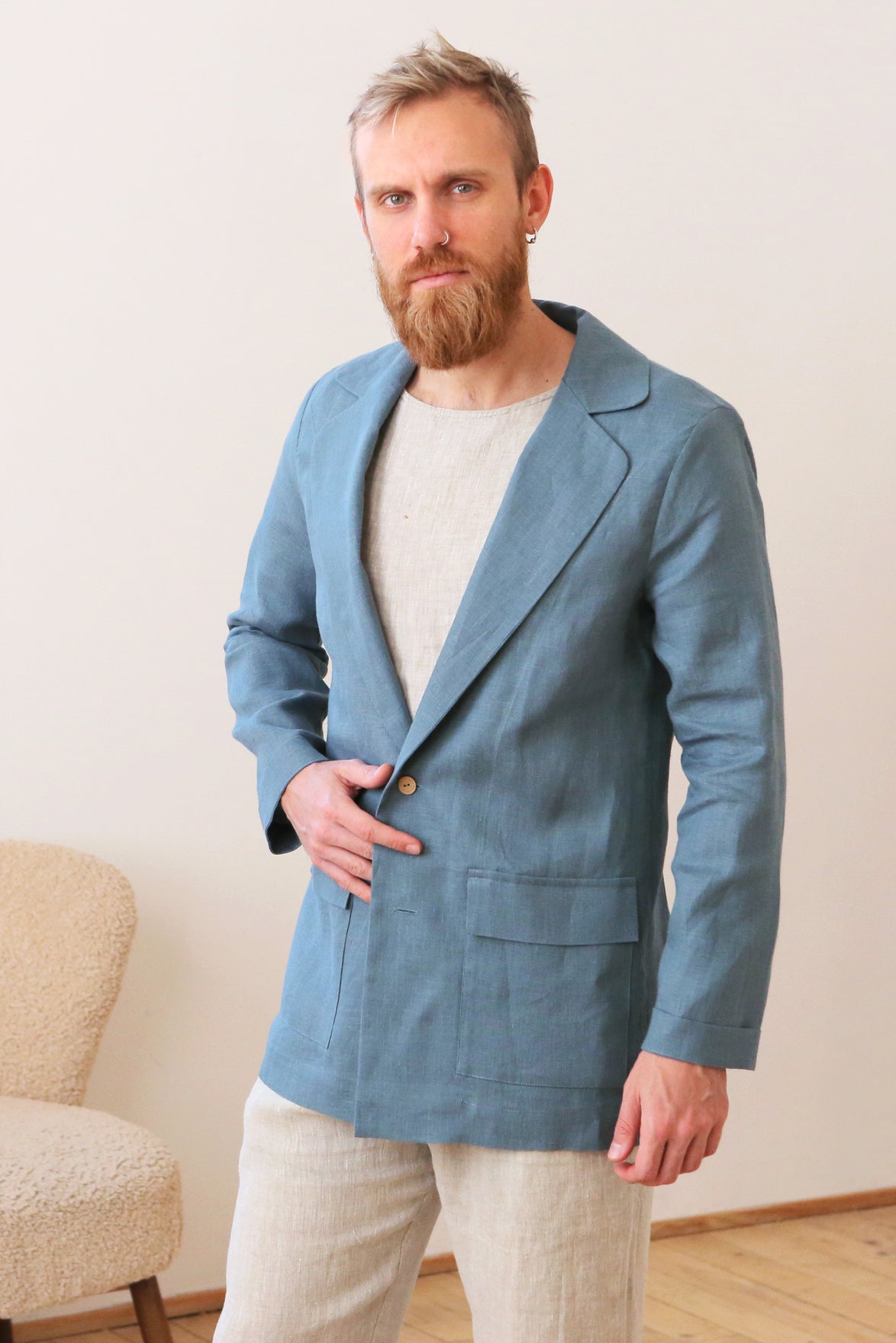 Men's Linen Jacket LARCH in Blue grey