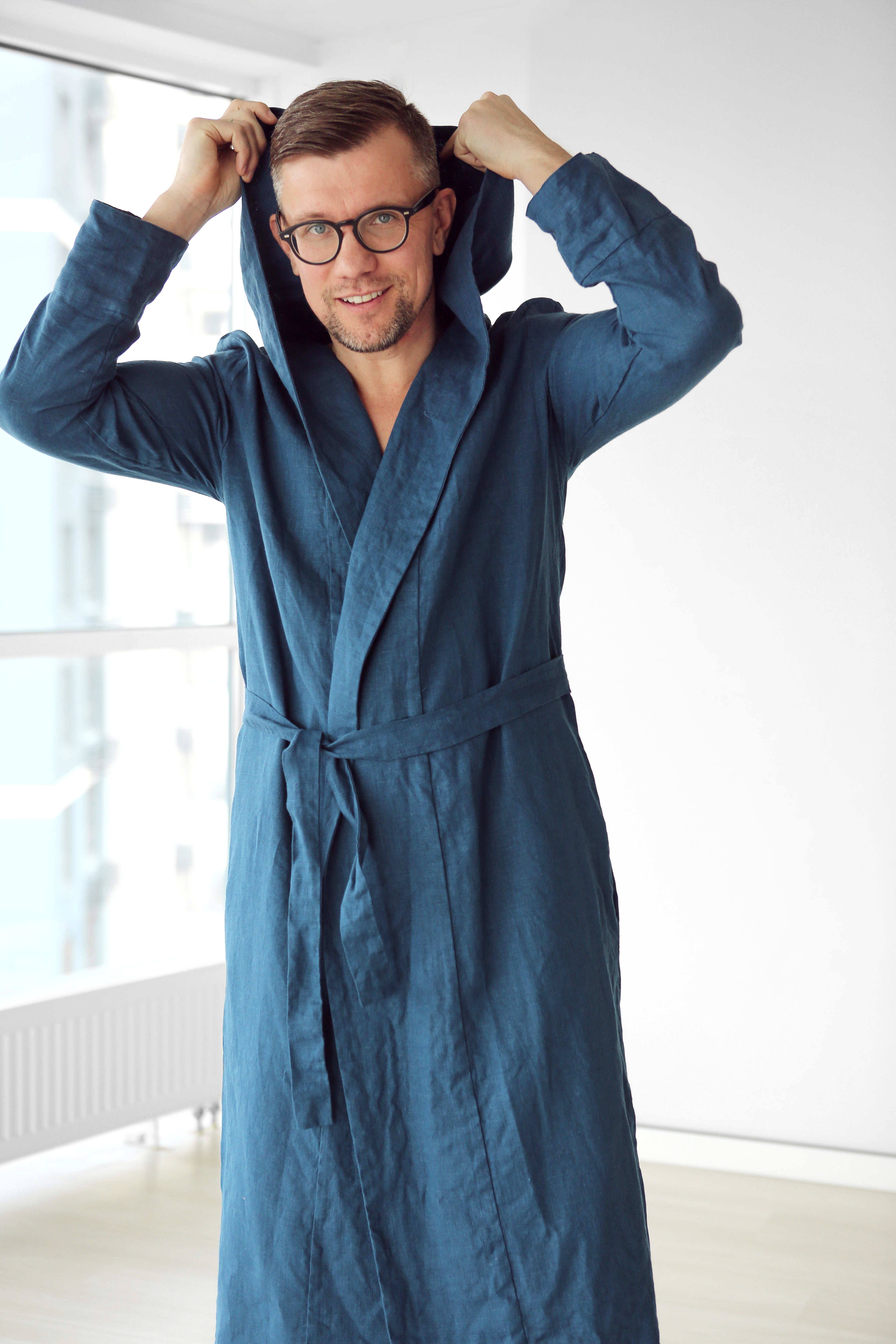 Men’s linen robe with a hood EVERGREEN LONG in Navy blue