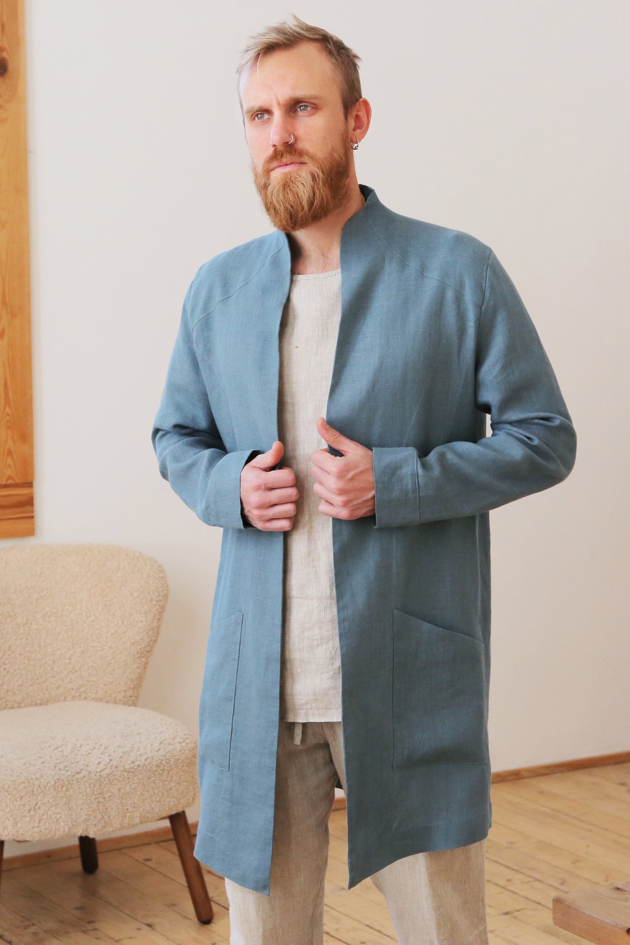 Men’s Linen Trench ALMOND in Blue grey