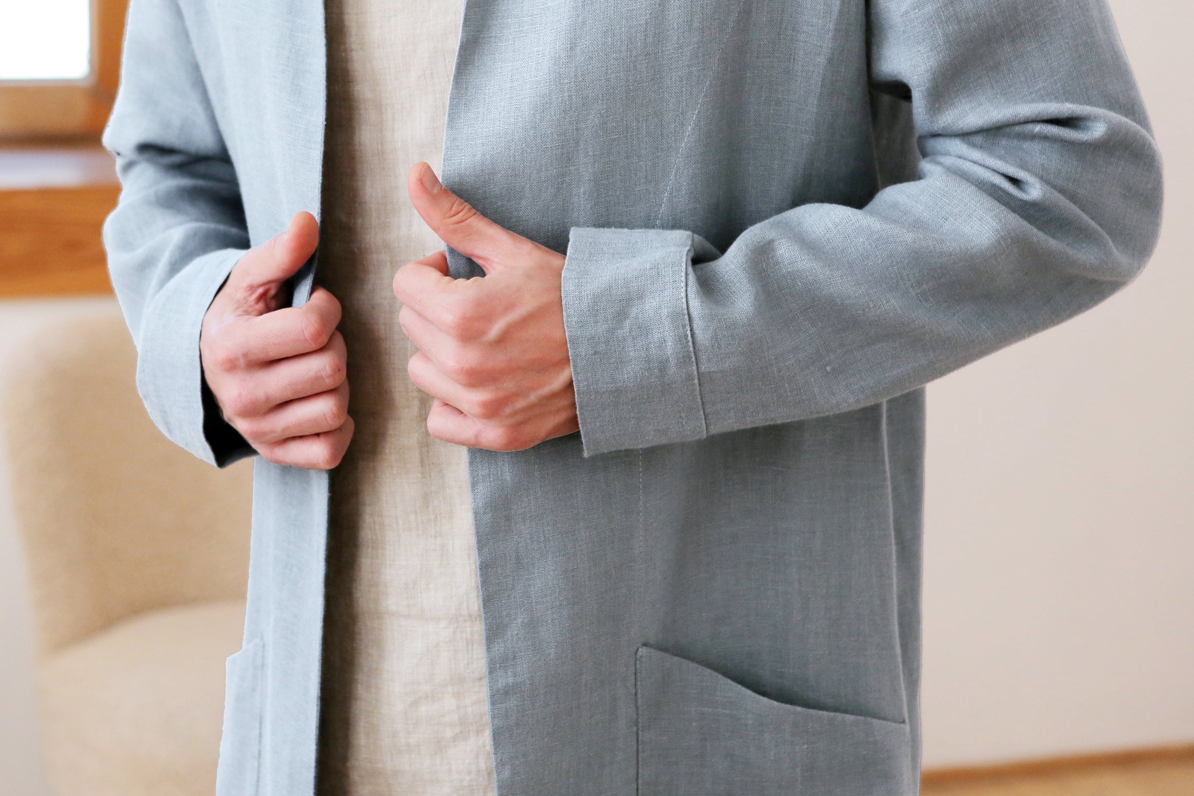 Men’s Linen Trench ALMOND in Light grey