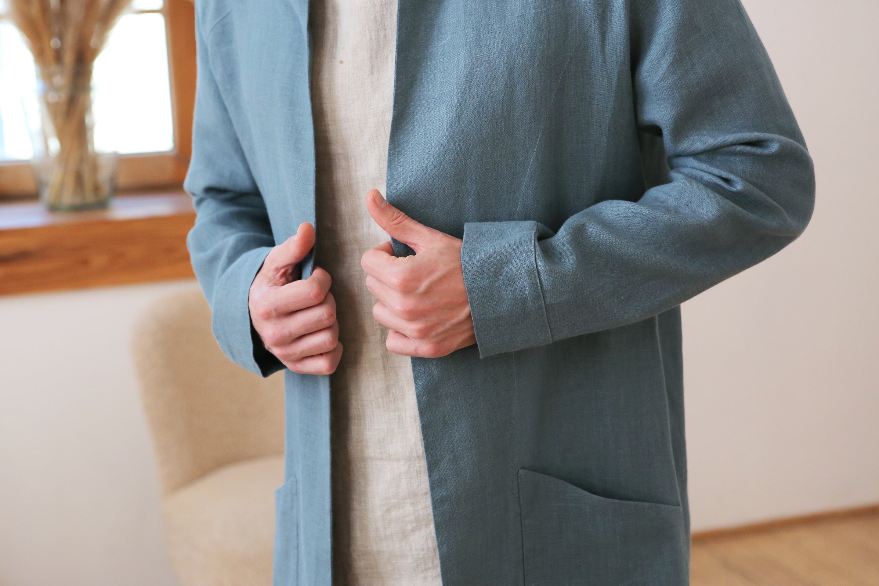 Men’s Linen Trench ALMOND in Blue grey