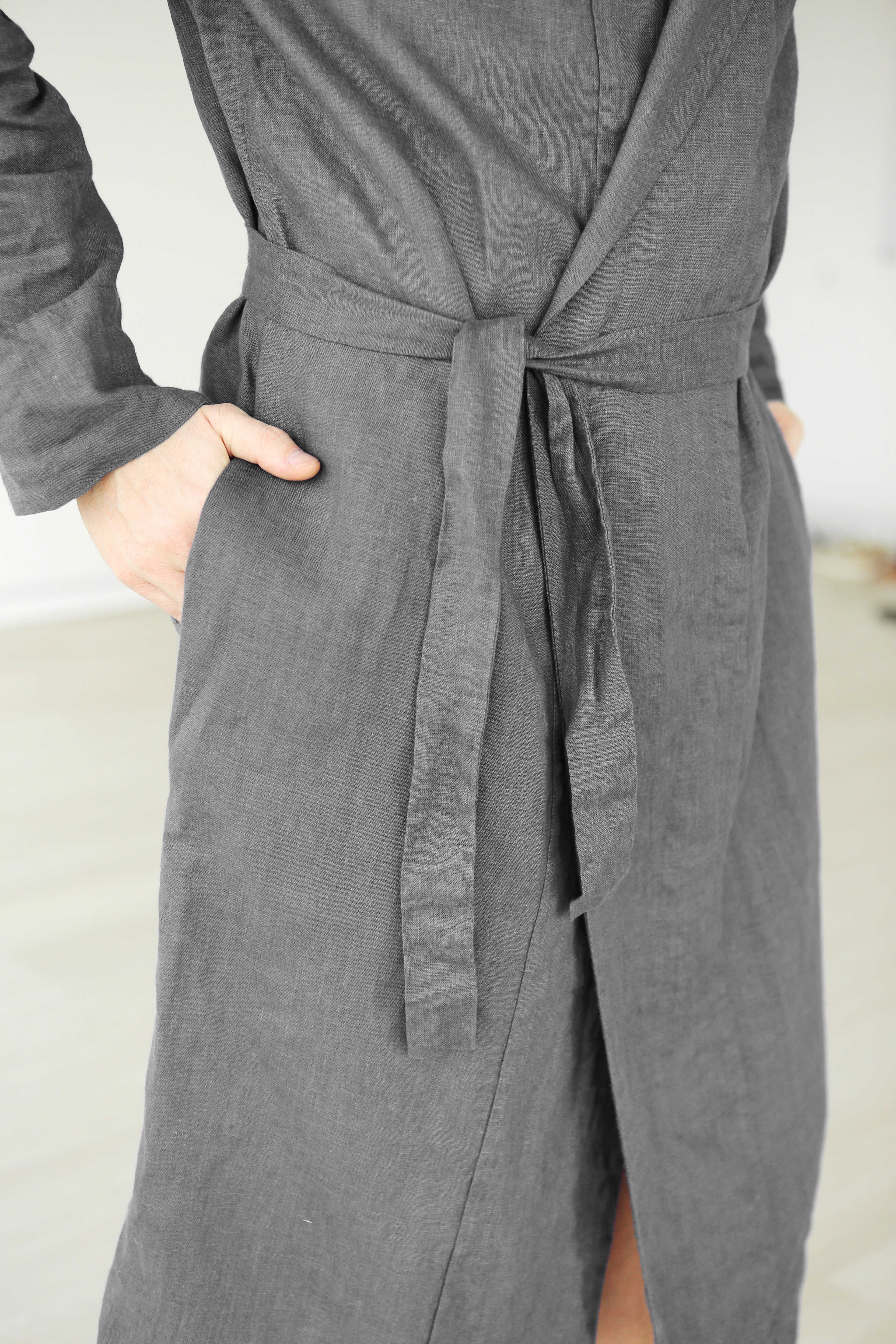 Men’s linen robe with a hood EVERGREEN LONG in Dark grey