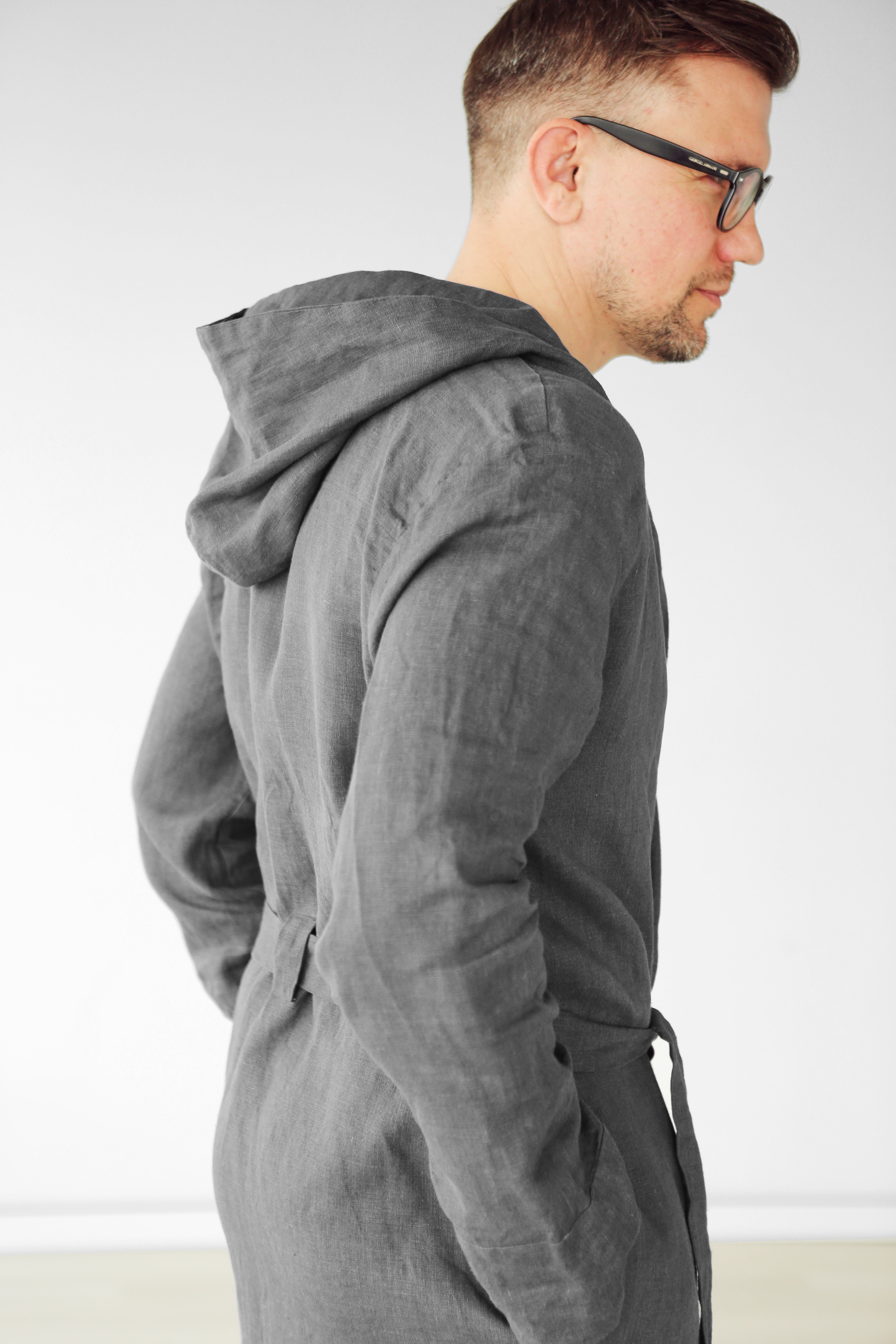 Men’s linen robe with a hood EVERGREEN LONG in Dark grey