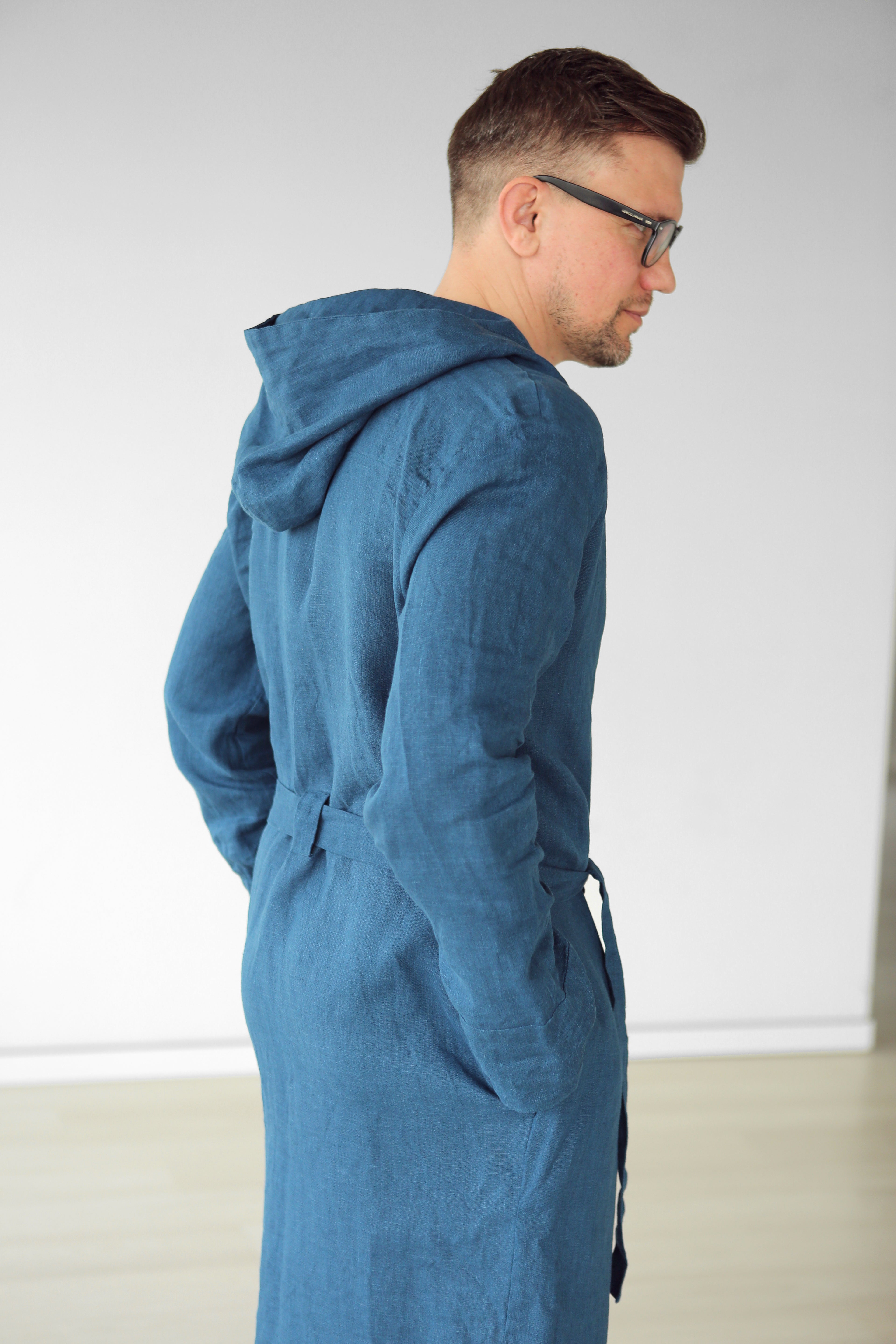 Men’s linen robe with a hood EVERGREEN LONG in Navy blue