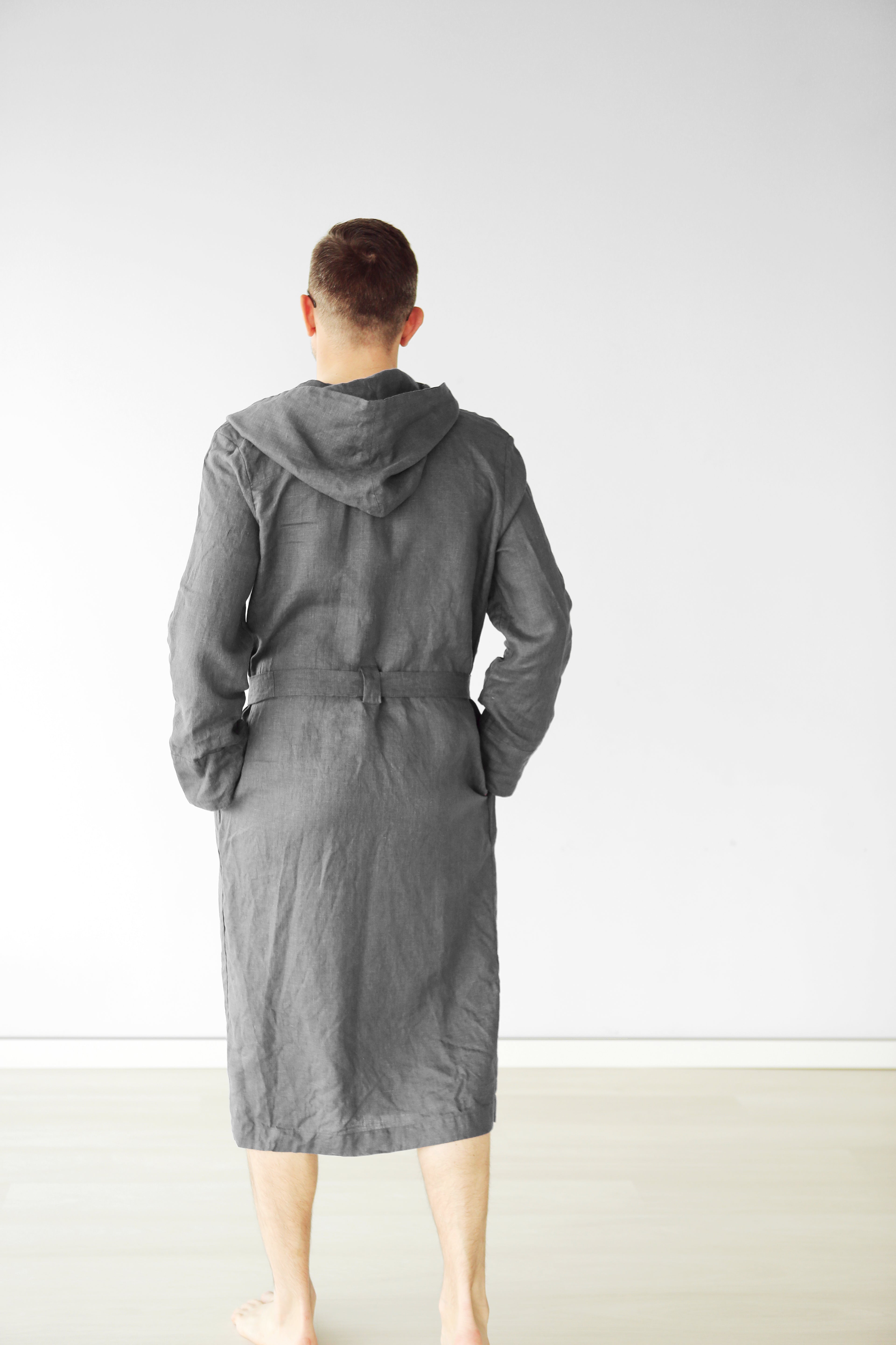 Men’s linen robe with a hood EVERGREEN LONG in Dark grey