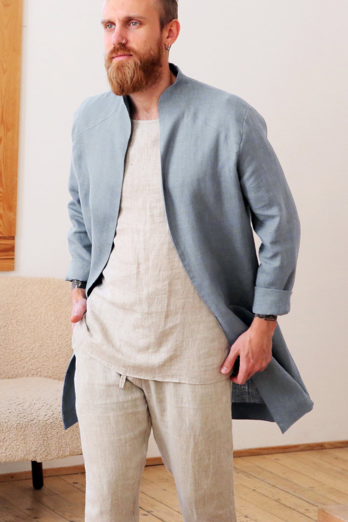 Men’s Linen Trench ALMOND in Light grey