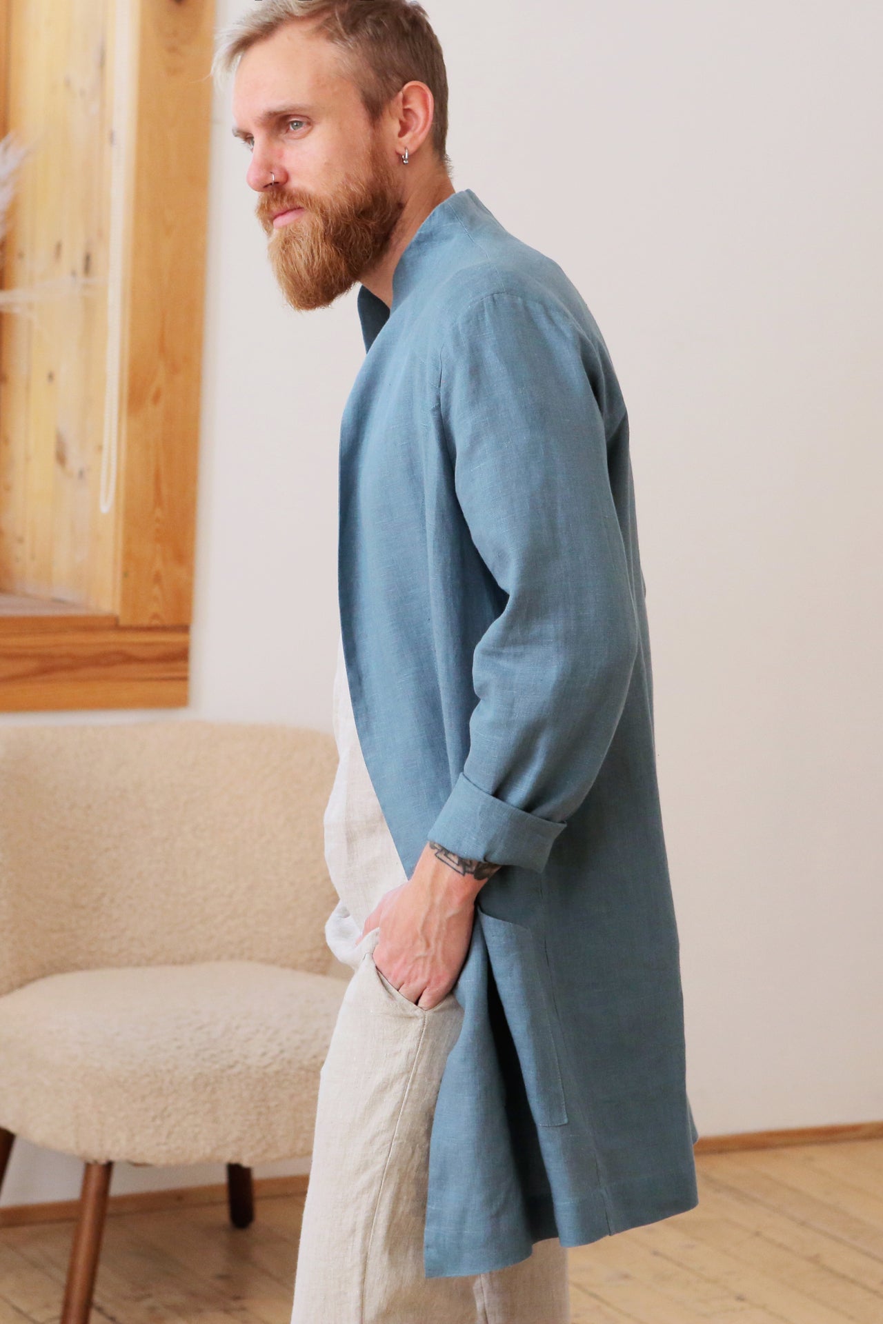Men’s Linen Trench ALMOND in Blue grey