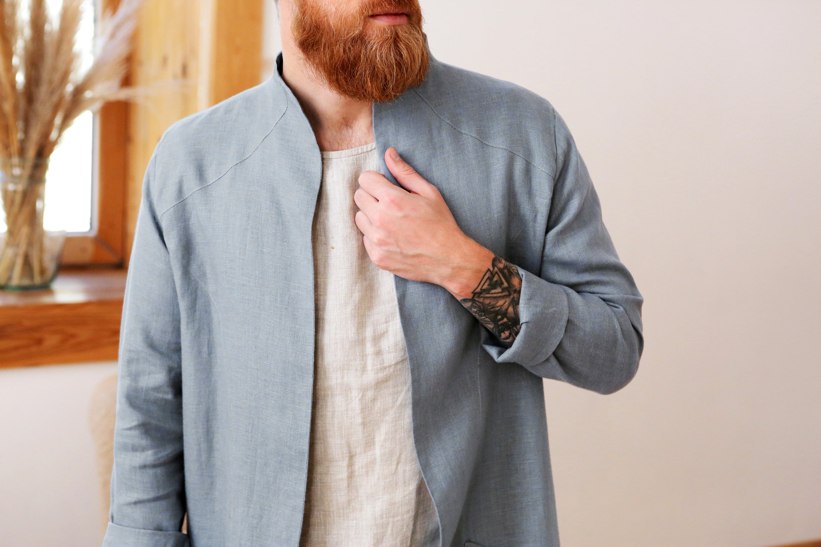 Men’s Linen Trench ALMOND in Light grey