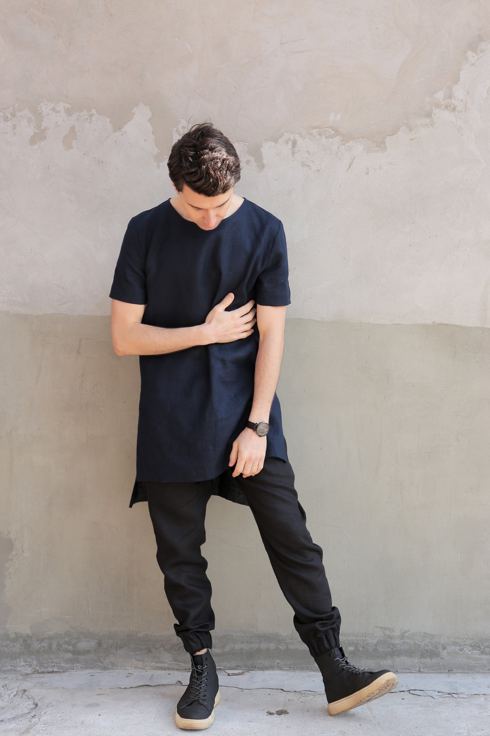 Men’s Long Linen T-Shirt LINDEN in Dark blue