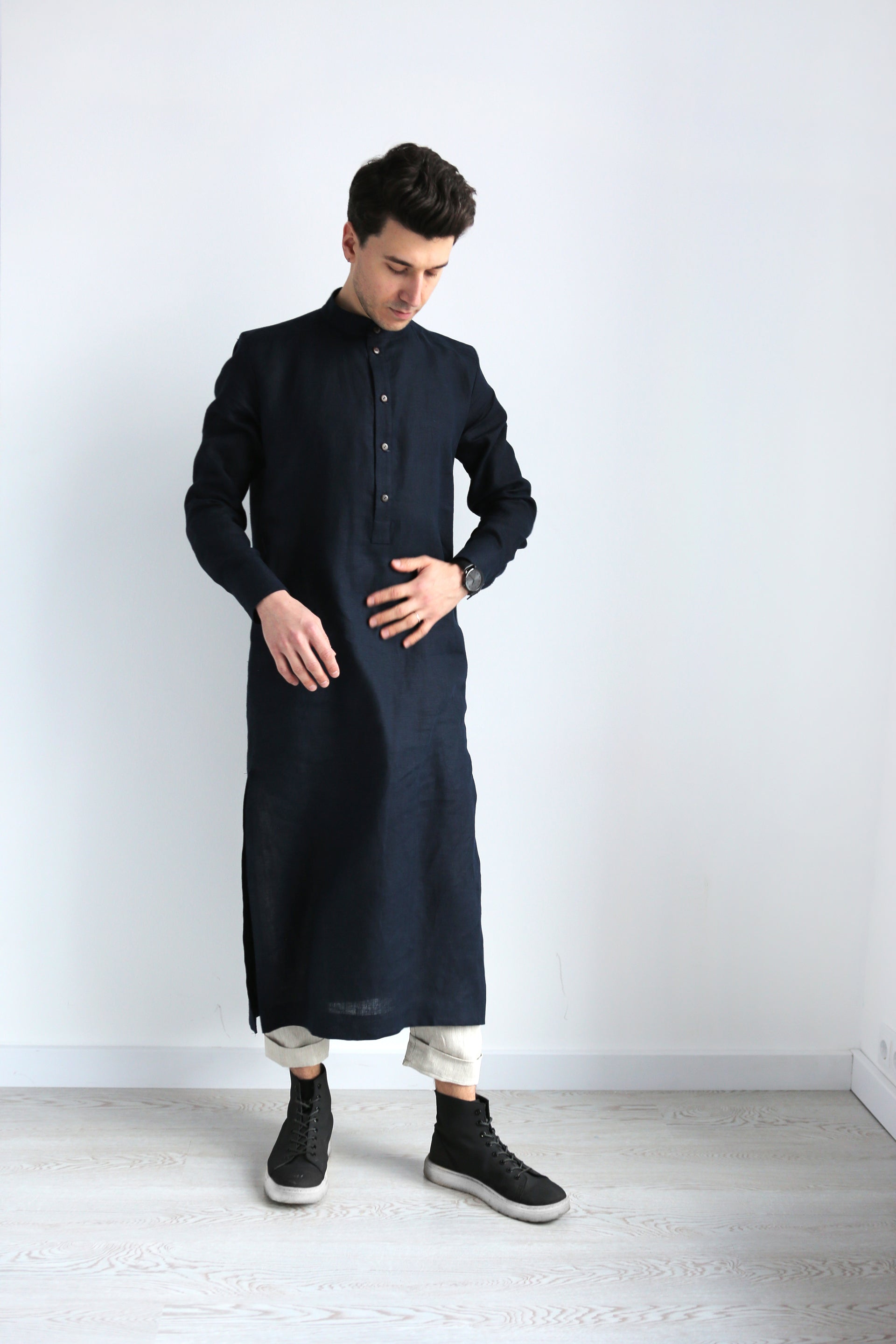 Men’s Long Linen Shirt, Kaftan CYPRESS in Dark blue