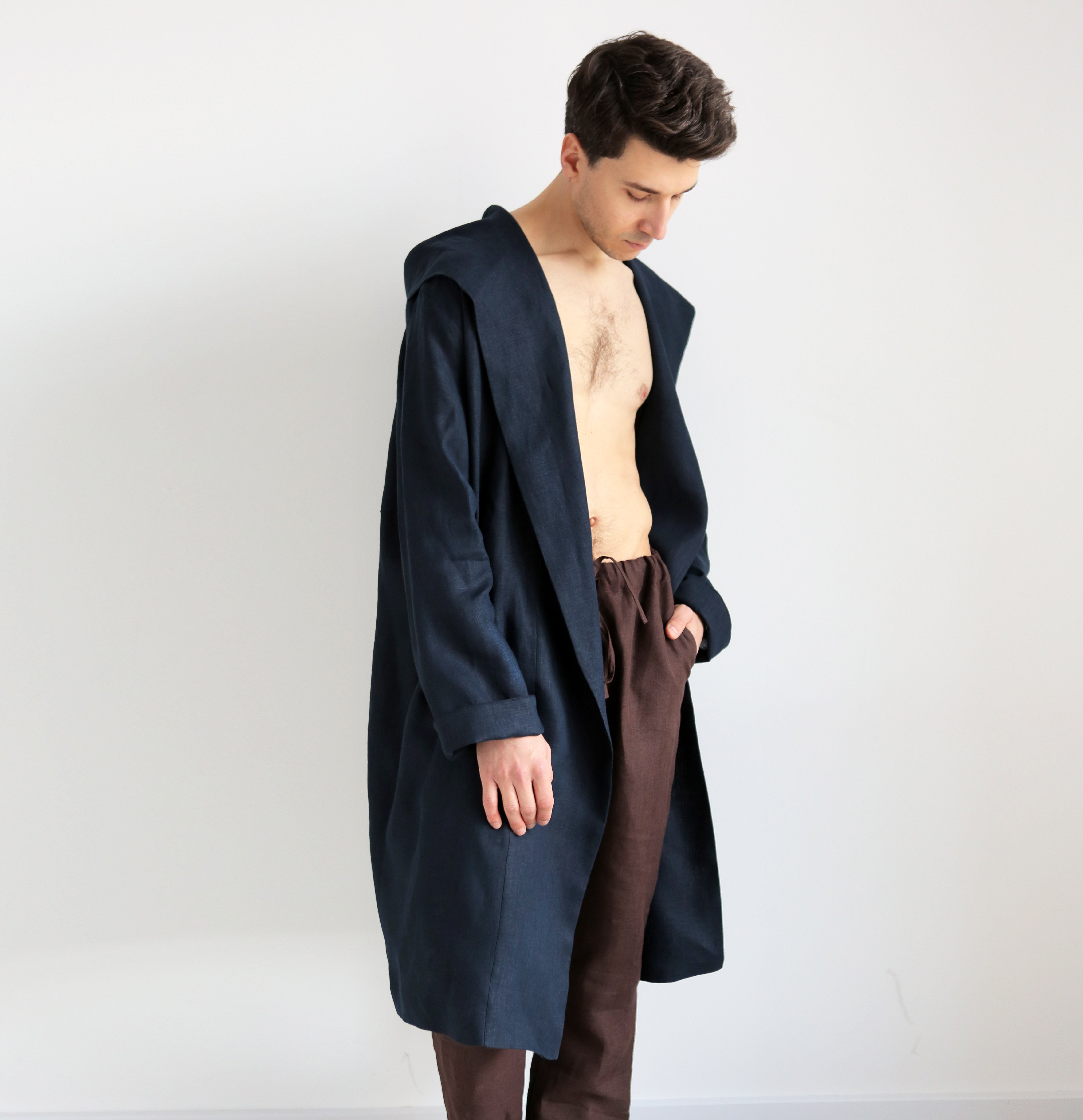 Men’s linen robe with a hood EVERGREEN in Dark blue