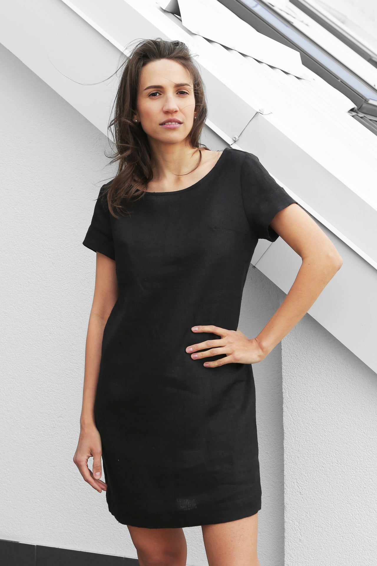 Womens Linen T-Shirt Dress DAISY in Black S Womens Linen T-Shirt Dress DAISY in Black S